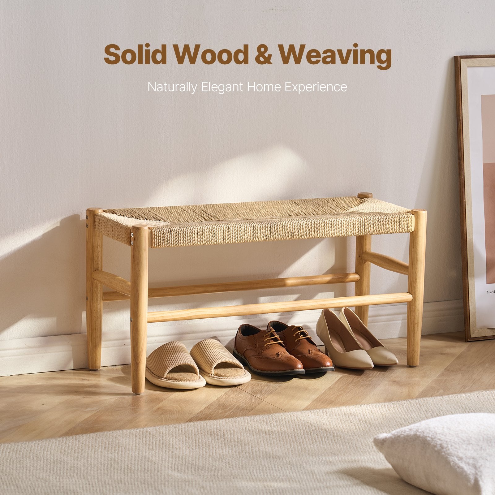 Boho Rattan Bench with Oak Wood Legs, 31.5" Entryway & Bedroom Seating, Handwoven Style, Easy Assembly, Versatile for Living Room & Kitchen Decor