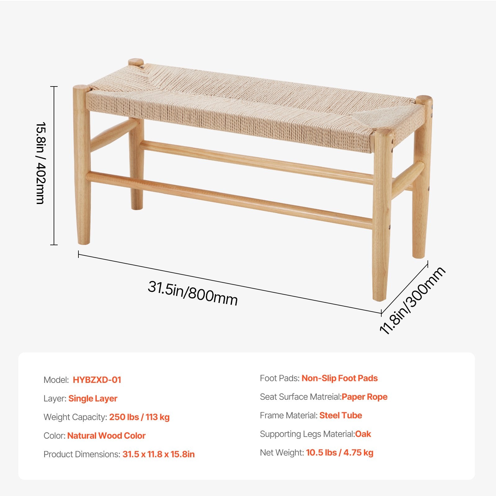 Boho Rattan Bench with Oak Wood Legs, 31.5" Entryway & Bedroom Seating, Handwoven Style, Easy Assembly, Versatile for Living Room & Kitchen Decor