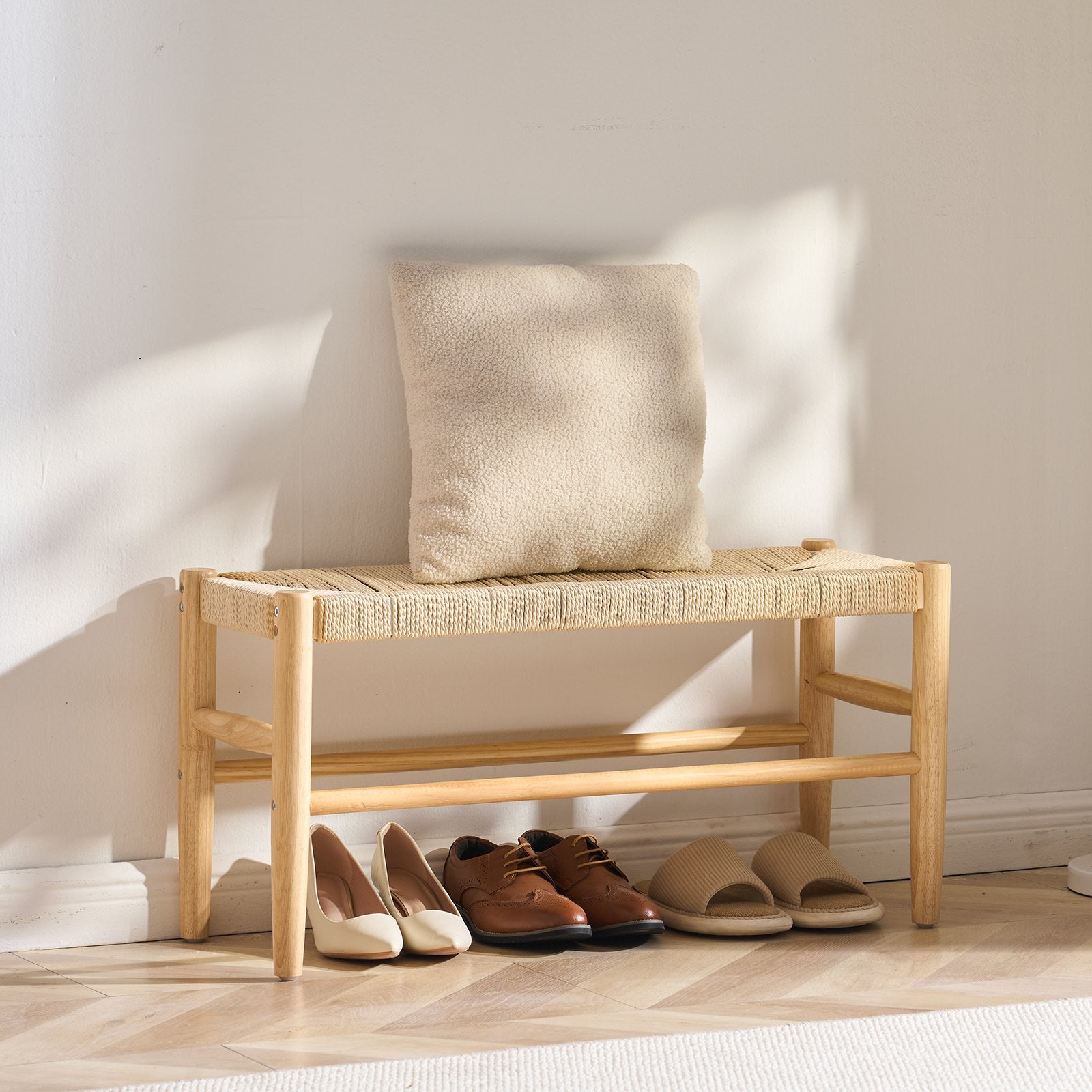 Boho Rattan Bench with Oak Wood Legs, 31.5" Entryway & Bedroom Seating, Handwoven Style, Easy Assembly, Versatile for Living Room & Kitchen Decor