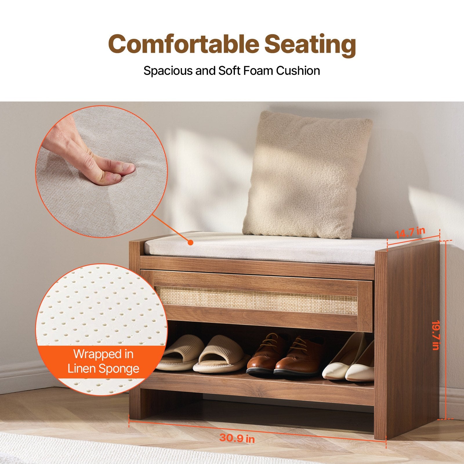 30.9" Rattan Shoe Bench with Storage Drawer, Linen Cushion, Farmhouse Boho Style for Entryway, Bedroom, Living Room, and Kitchen