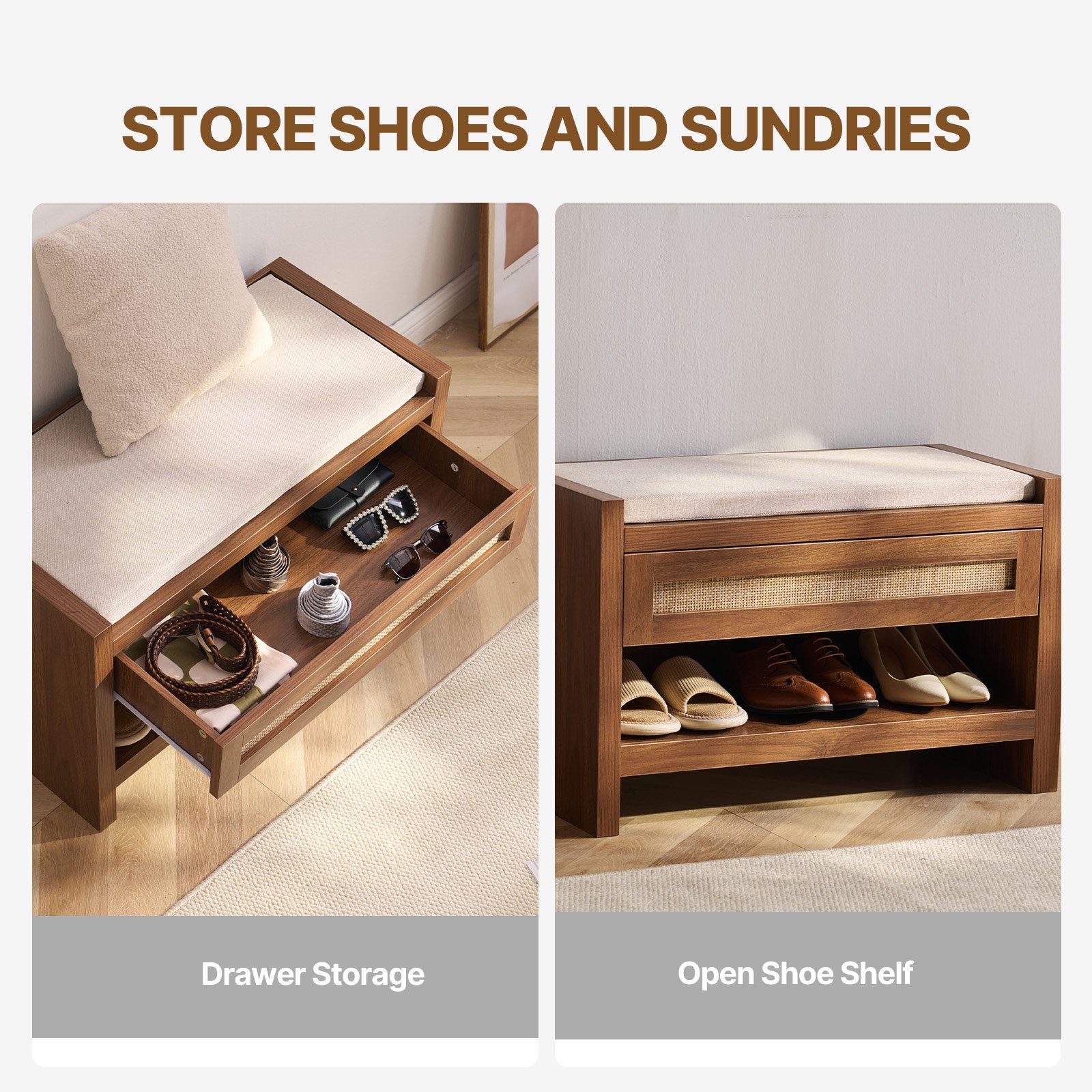 30.9" Rattan Shoe Bench with Storage Drawer, Linen Cushion, Farmhouse Boho Style for Entryway, Bedroom, Living Room, and Kitchen