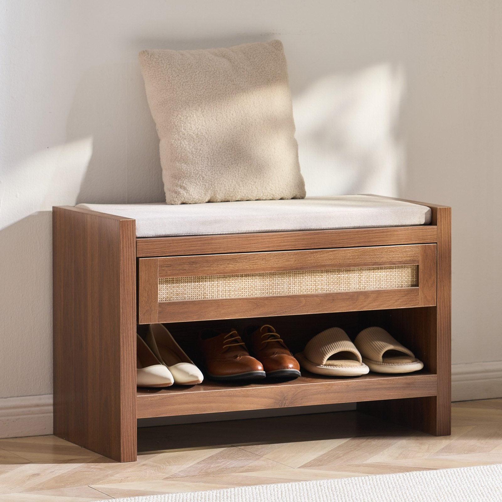 30.9" Rattan Shoe Bench with Storage Drawer, Linen Cushion, Farmhouse Boho Style for Entryway, Bedroom, Living Room, and Kitchen