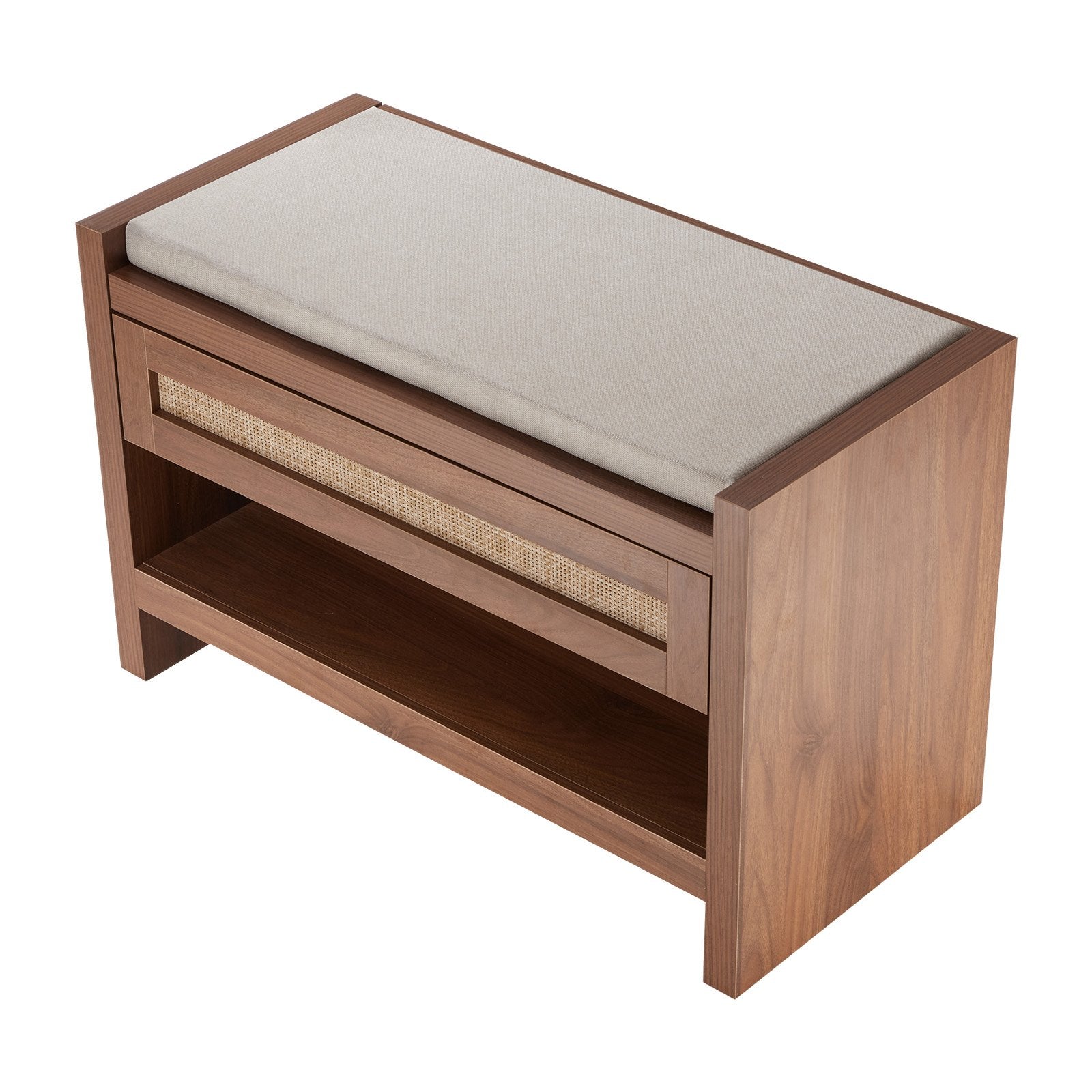 30.9" Rattan Shoe Bench with Storage Drawer, Linen Cushion, Farmhouse Boho Style for Entryway, Bedroom, Living Room, and Kitchen
