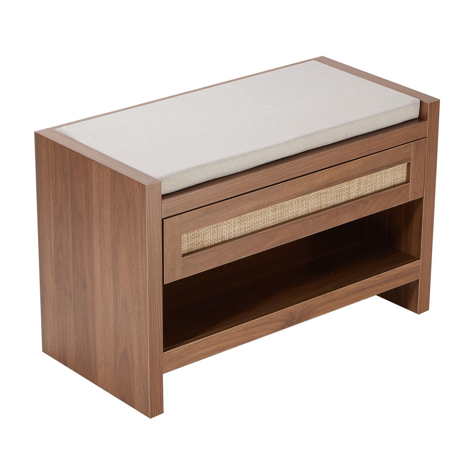 30.9" Rattan Shoe Bench with Storage Drawer, Linen Cushion, Farmhouse Boho Style for Entryway, Bedroom, Living Room, and Kitchen