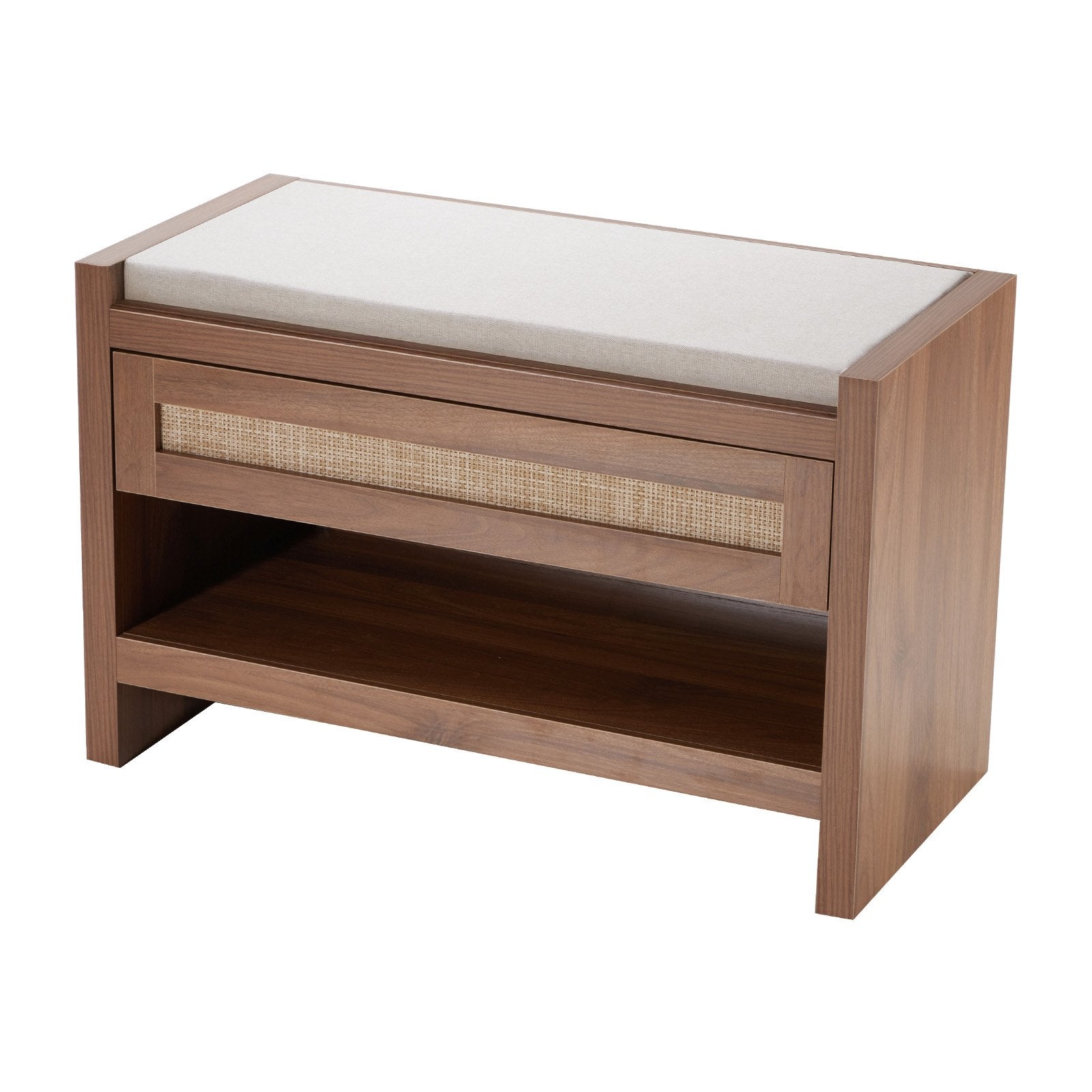 30.9" Rattan Shoe Bench with Storage Drawer, Linen Cushion, Farmhouse Boho Style for Entryway, Bedroom, Living Room, and Kitchen