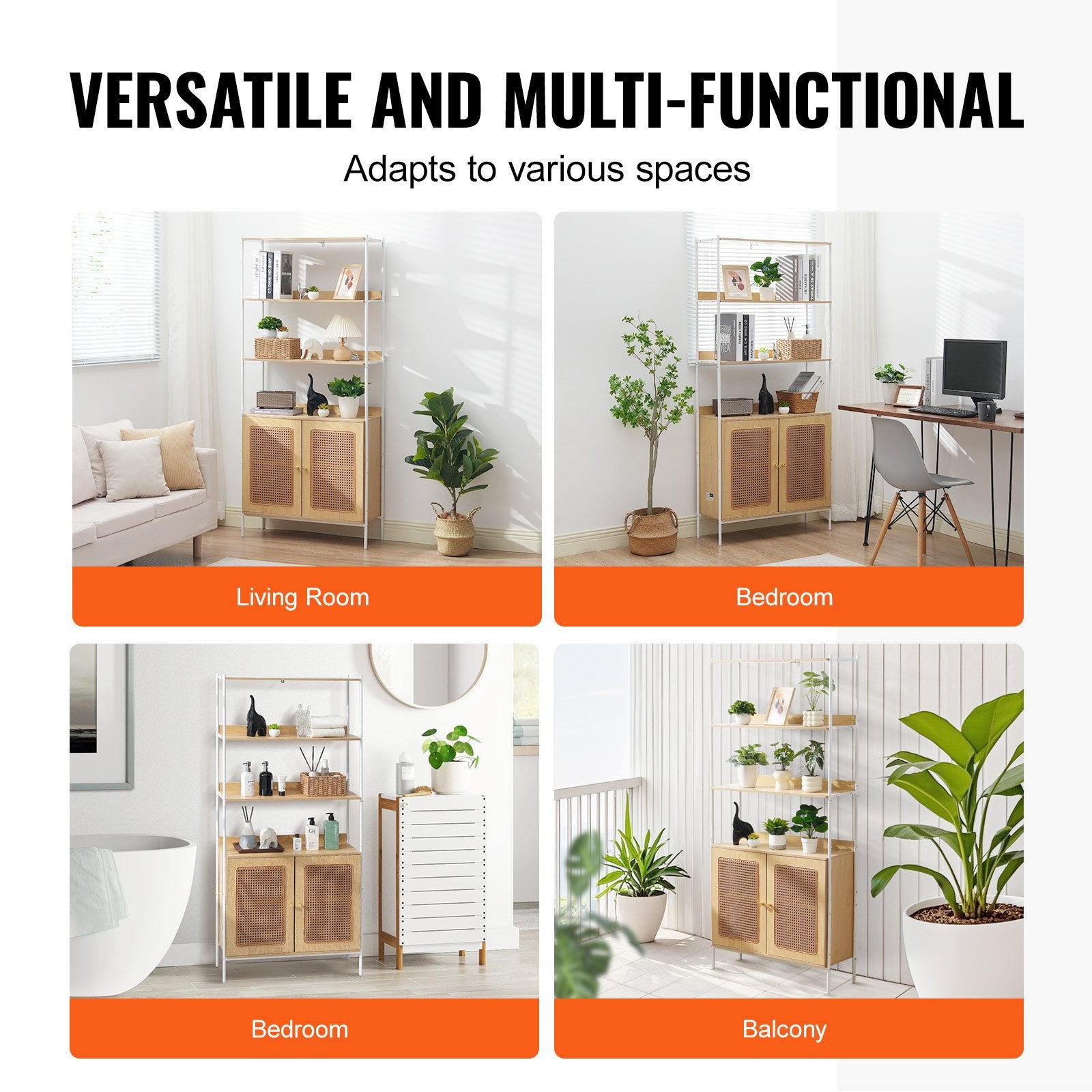 Natural Rattan Ladder Bookshelf with 2 Doors, Freestanding Storage Rack for Office, Library, Meeting Room - Sturdy 6-Layer Display Shelves