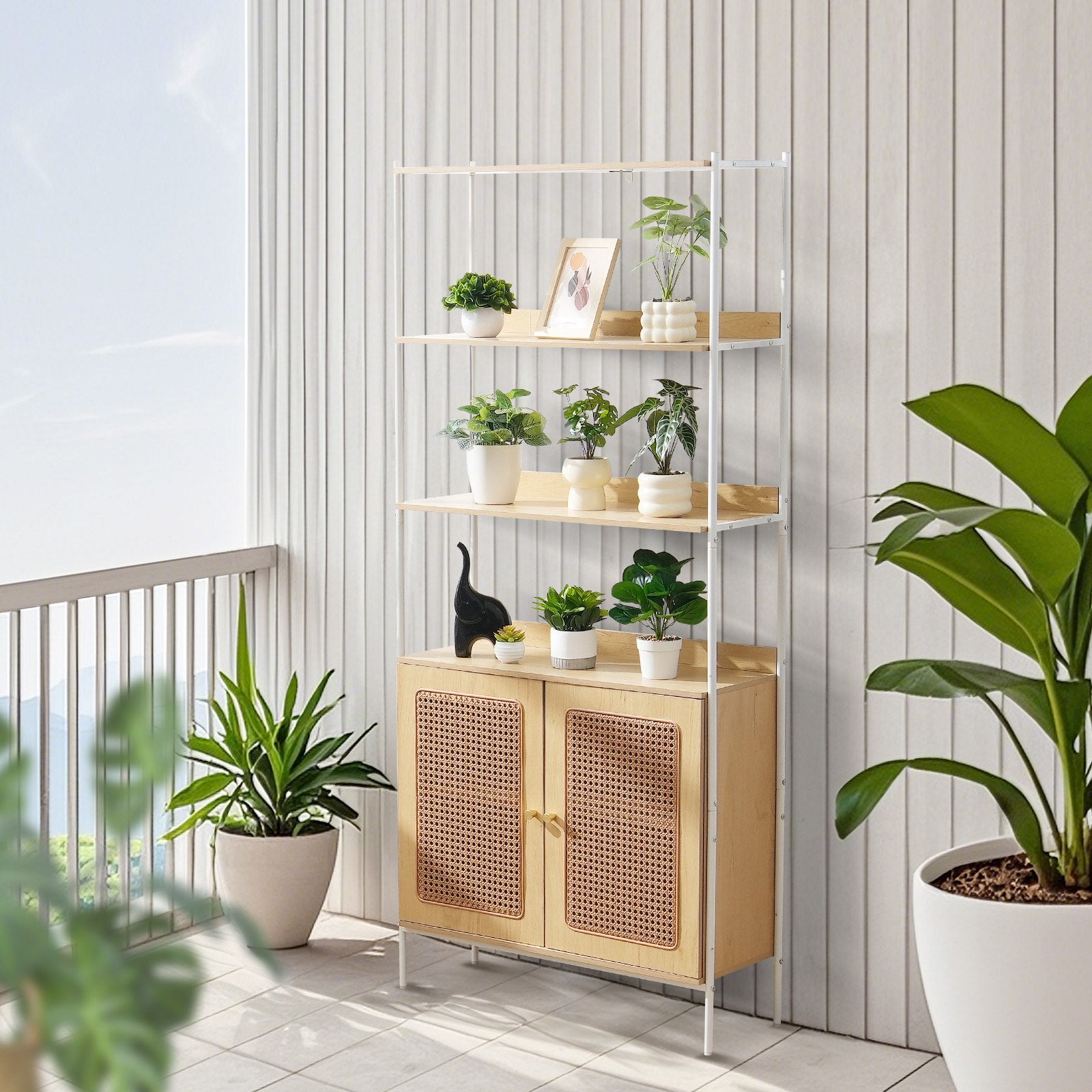 Natural Rattan Ladder Bookshelf with 2 Doors, Freestanding Storage Rack for Office, Library, Meeting Room - Sturdy 6-Layer Display Shelves