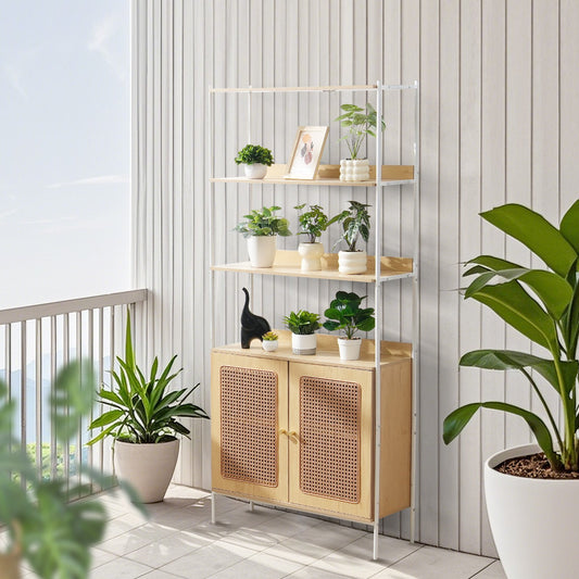 Natural Rattan Ladder Bookshelf with 2 Doors, Freestanding Storage Rack for Office, Library, Meeting Room - Sturdy 6-Layer Display Shelves