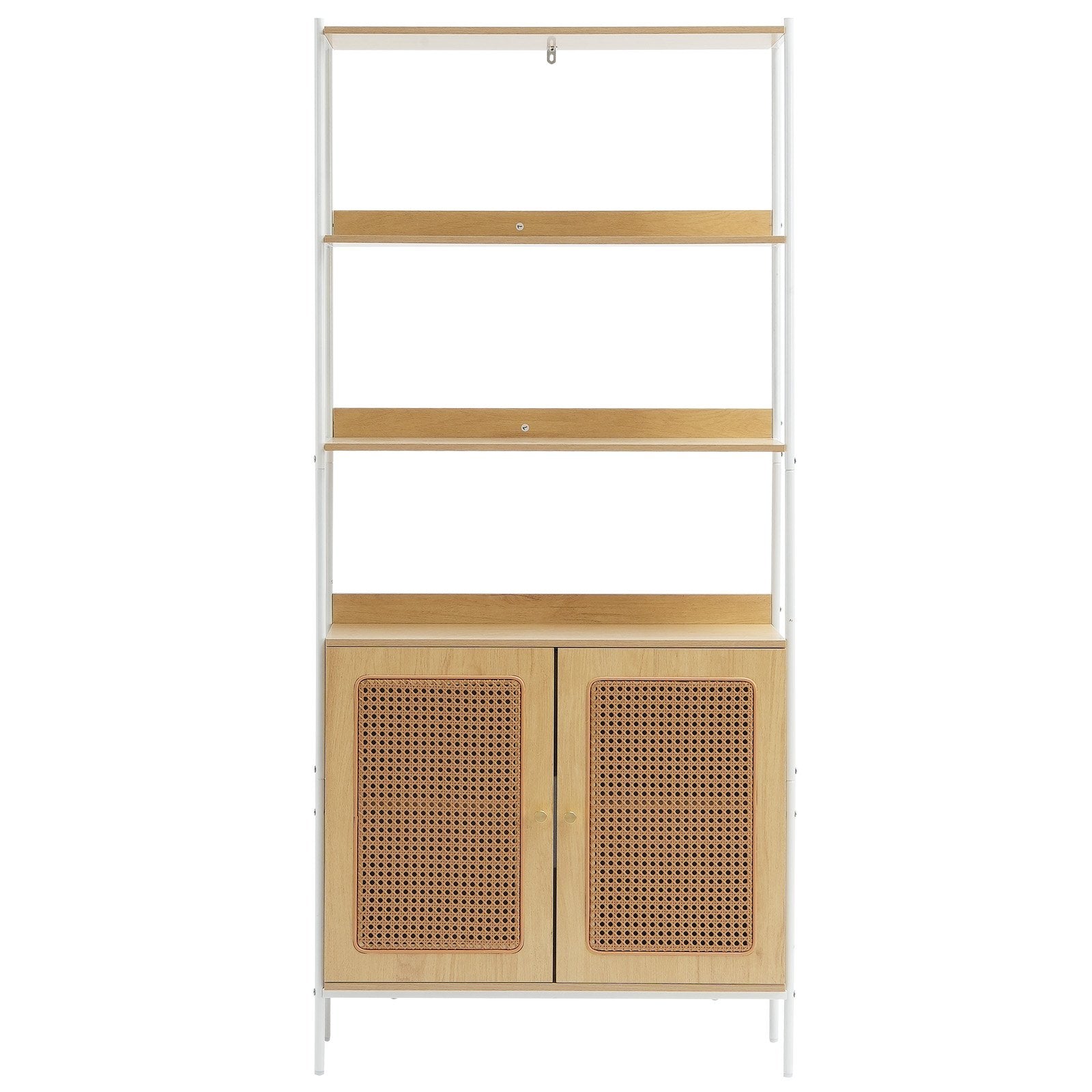 Natural Rattan Ladder Bookshelf with 2 Doors, Freestanding Storage Rack for Office, Library, Meeting Room - Sturdy 6-Layer Display Shelves