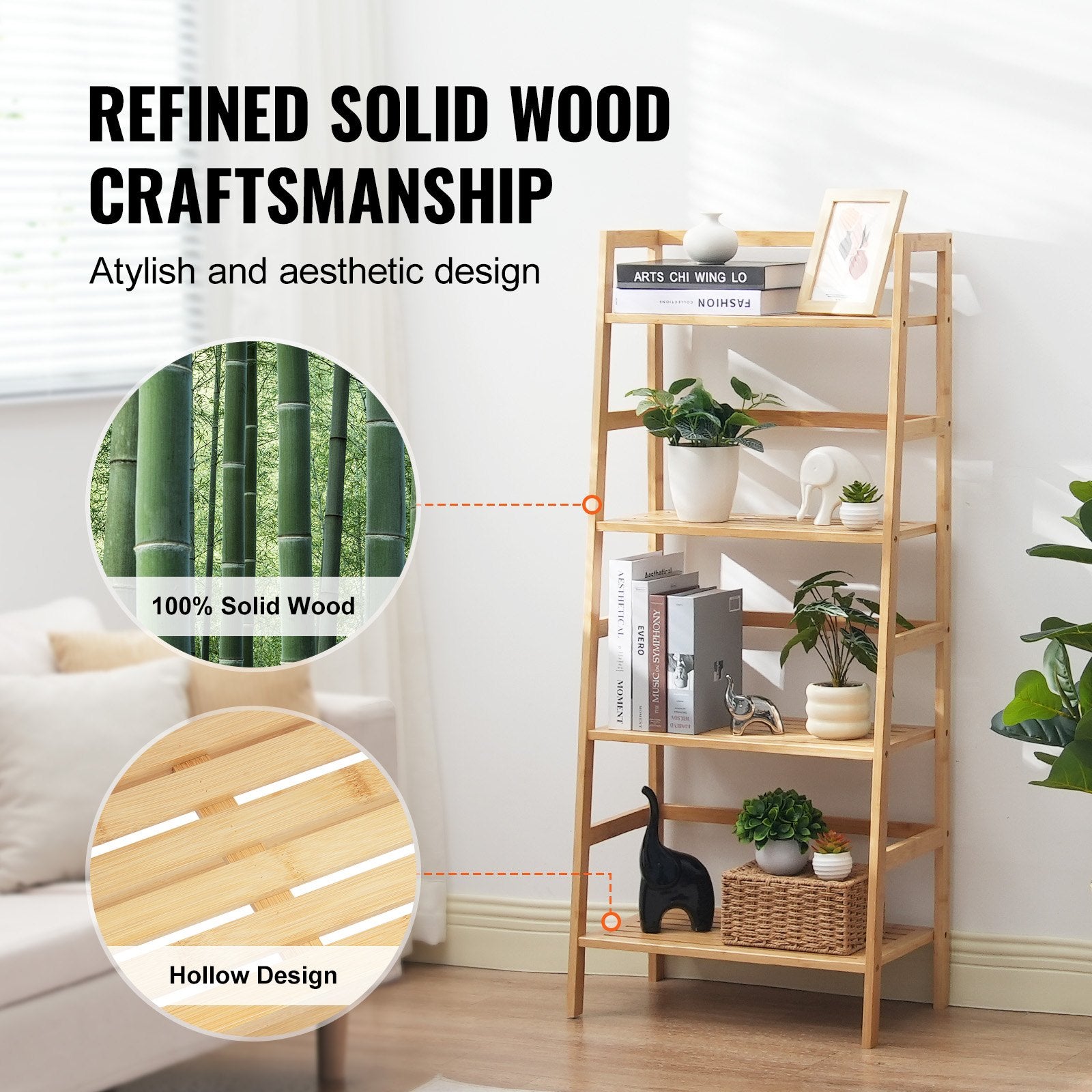 Bamboo Ladder Shelf with 4-Tier Trapezoid Design - Freestanding Natural Bookcase & Display Rack for Bathroom, Bedroom, Office, and Plant Stand Organizer