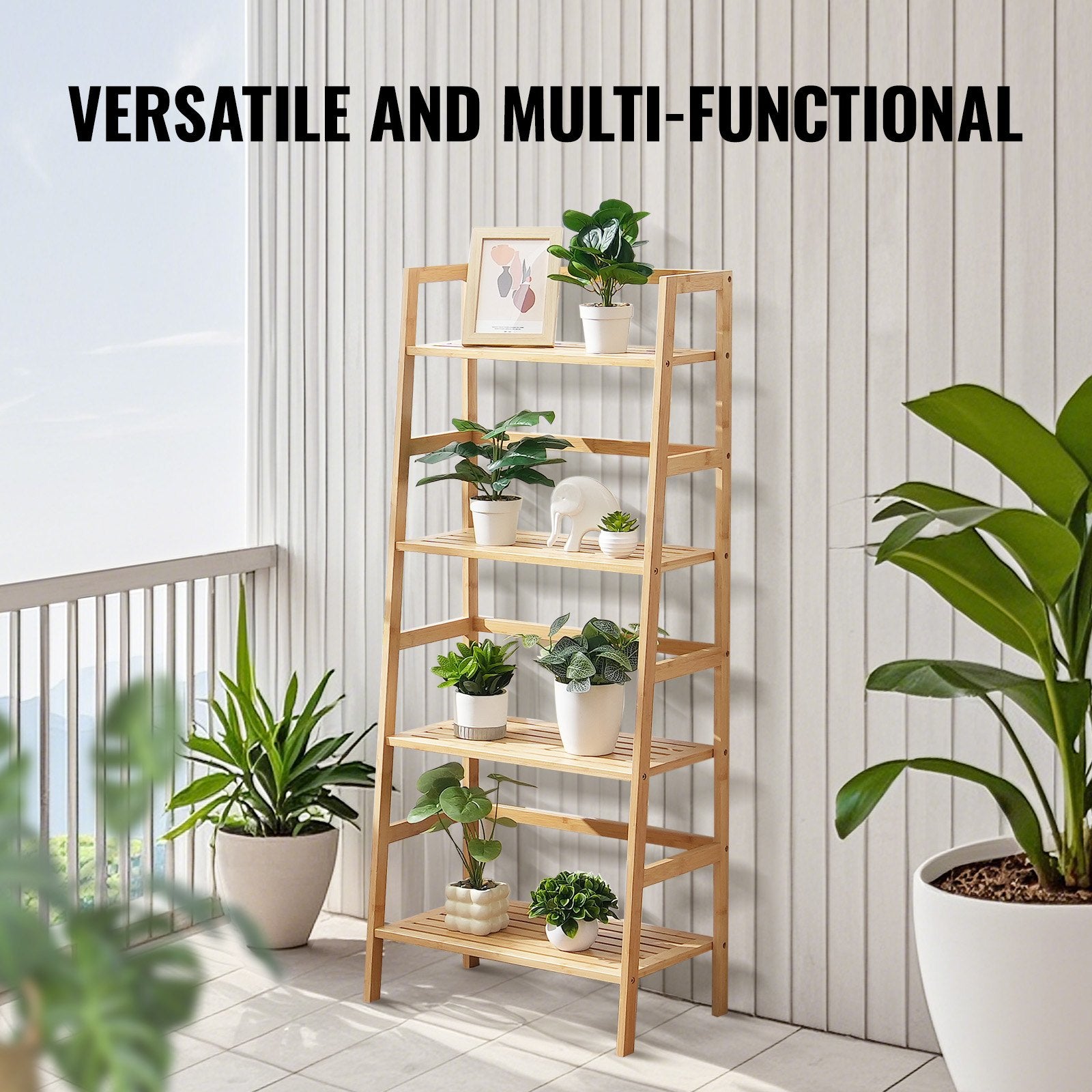 Bamboo Ladder Shelf with 4-Tier Trapezoid Design - Freestanding Natural Bookcase & Display Rack for Bathroom, Bedroom, Office, and Plant Stand Organizer