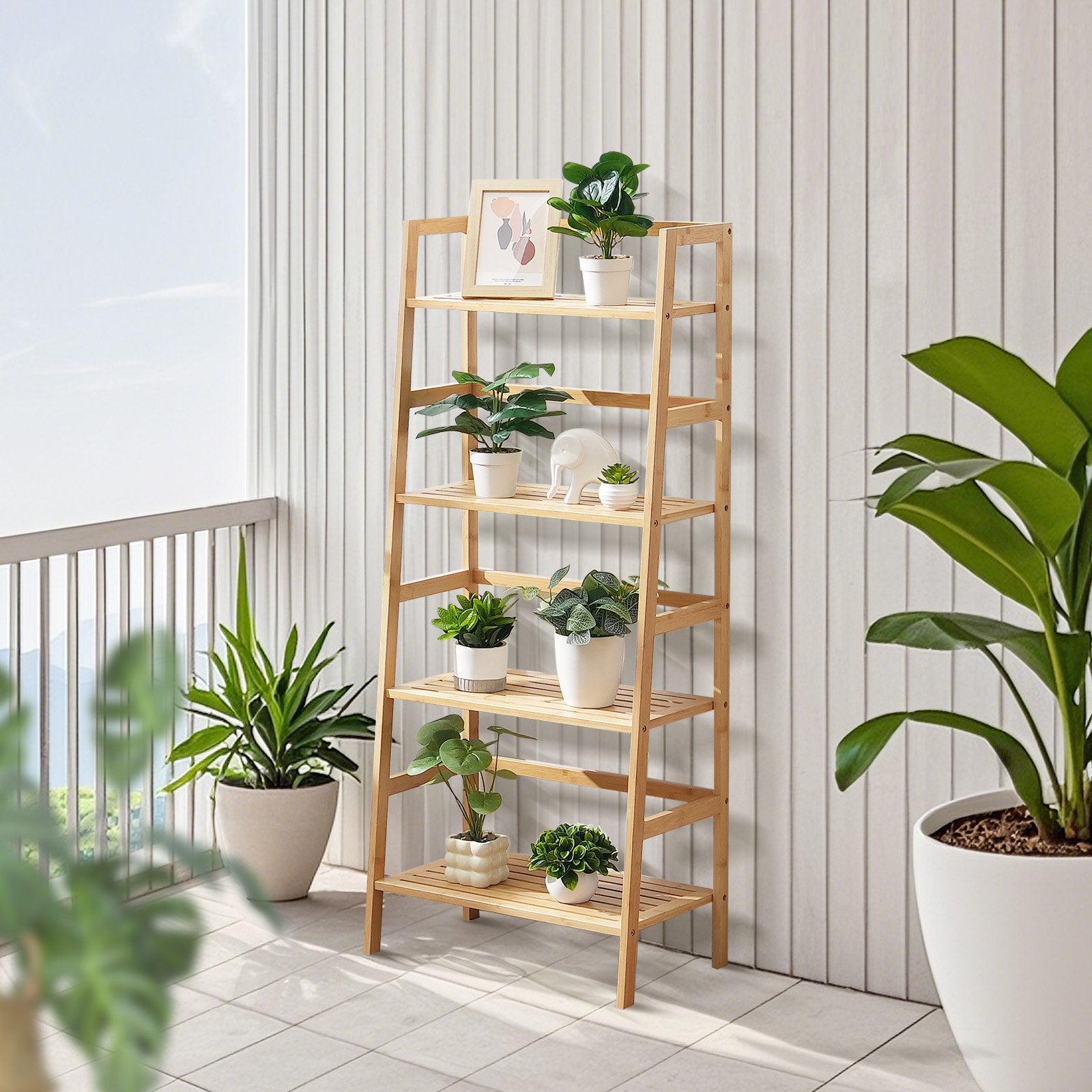 Bamboo Ladder Shelf with 4-Tier Trapezoid Design - Freestanding Natural Bookcase & Display Rack for Bathroom, Bedroom, Office, and Plant Stand Organizer