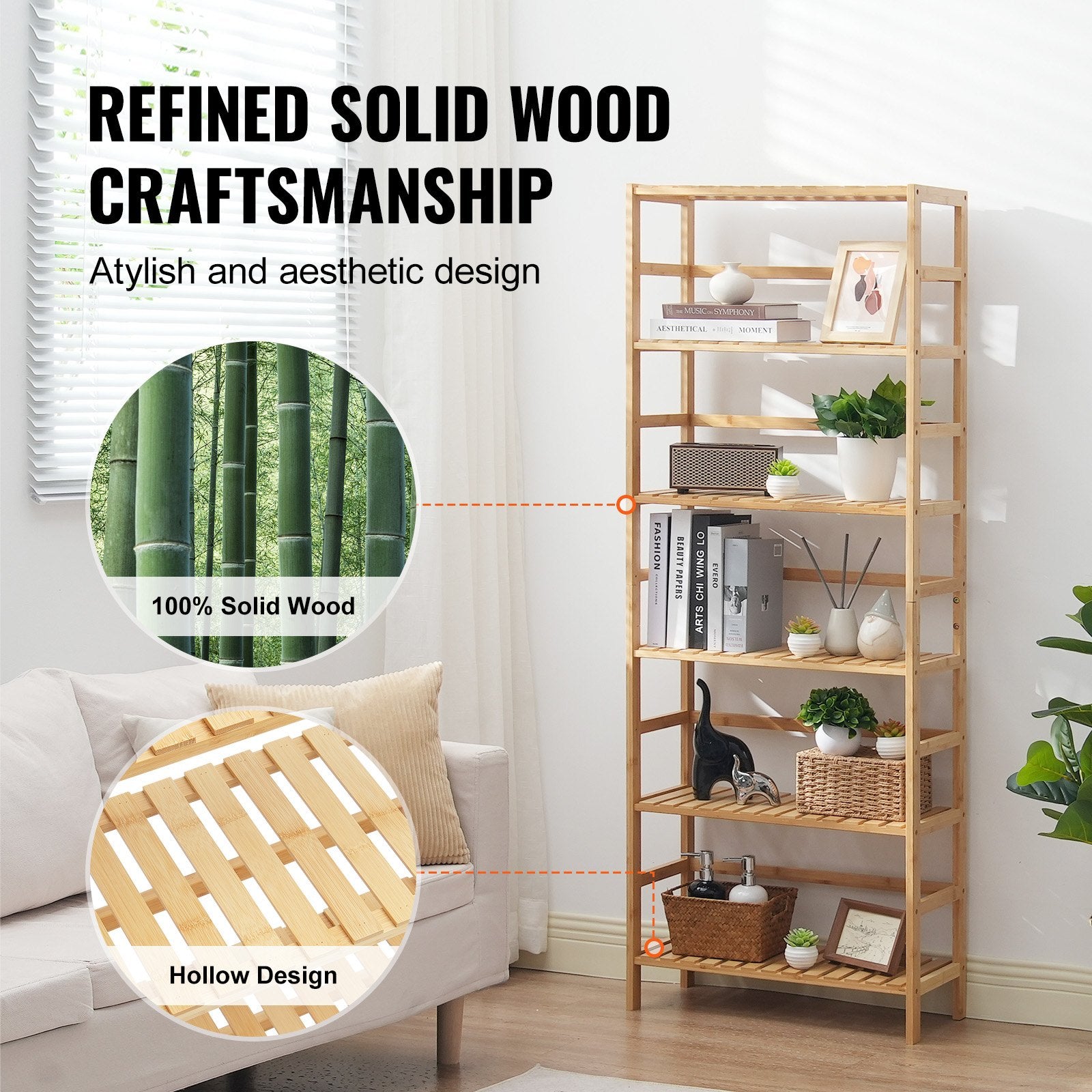 6-Tier Bamboo Shelf - Multifunctional Bookshelf & Display Rack for Bathroom, Bedroom, Office - Open Storage, Freestanding Plant Stand