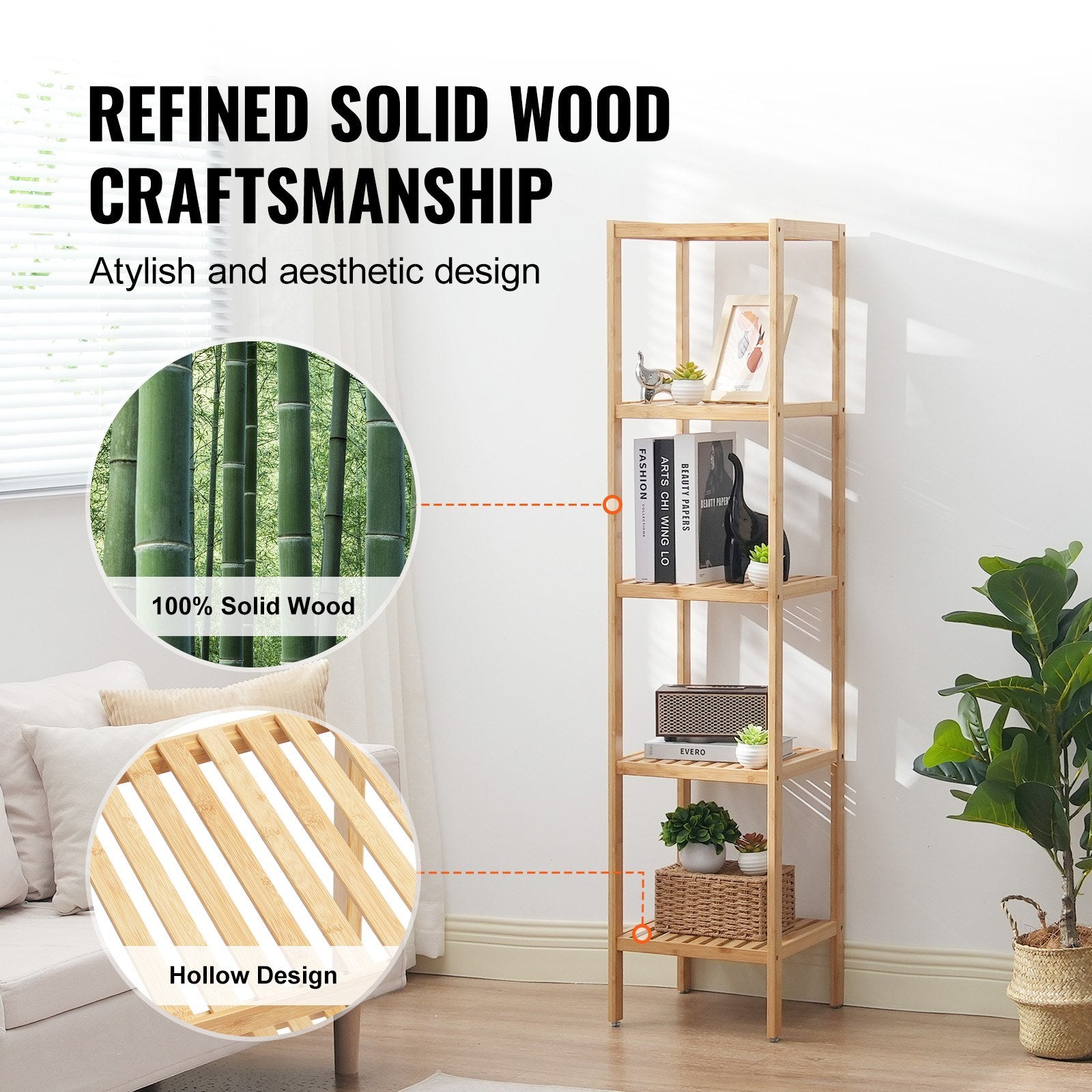 5-Tier Multifunctional Bamboo Shelf - Narrow Bathroom Storage, Freestanding Display Rack, Plant Stand for Kitchen, Home, Natural Finish