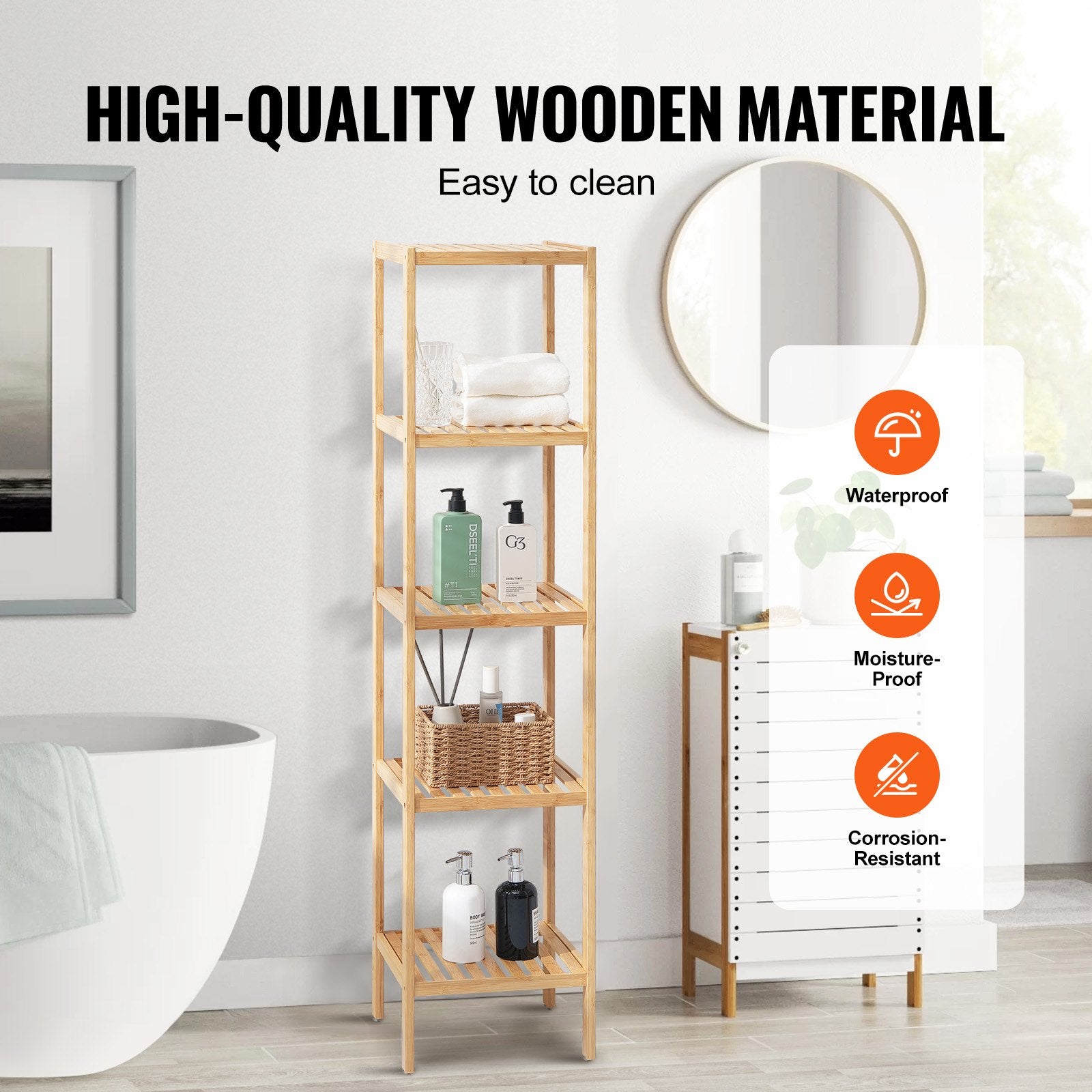 5-Tier Multifunctional Bamboo Shelf - Narrow Bathroom Storage, Freestanding Display Rack, Plant Stand for Kitchen, Home, Natural Finish