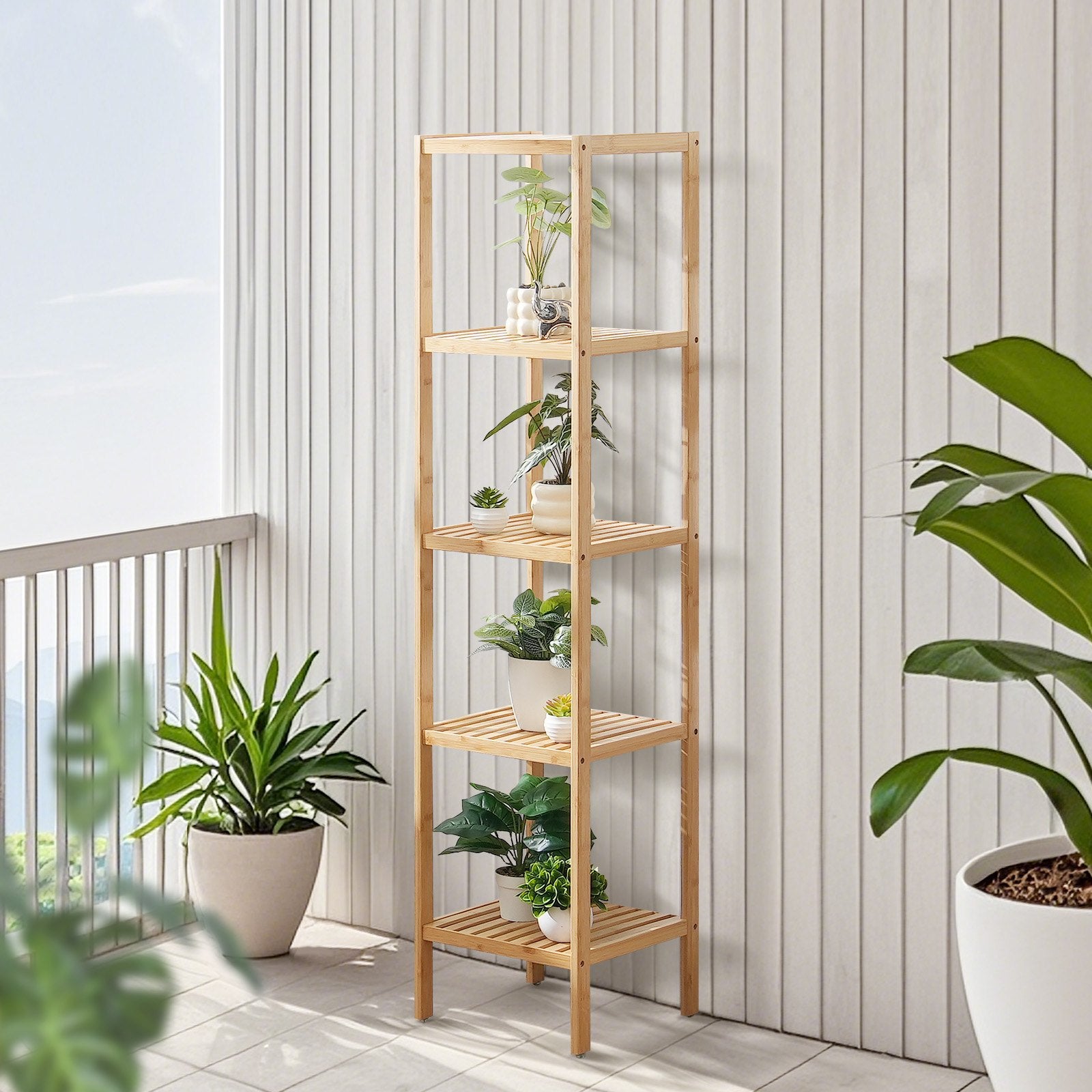 5-Tier Multifunctional Bamboo Shelf - Narrow Bathroom Storage, Freestanding Display Rack, Plant Stand for Kitchen, Home, Natural Finish