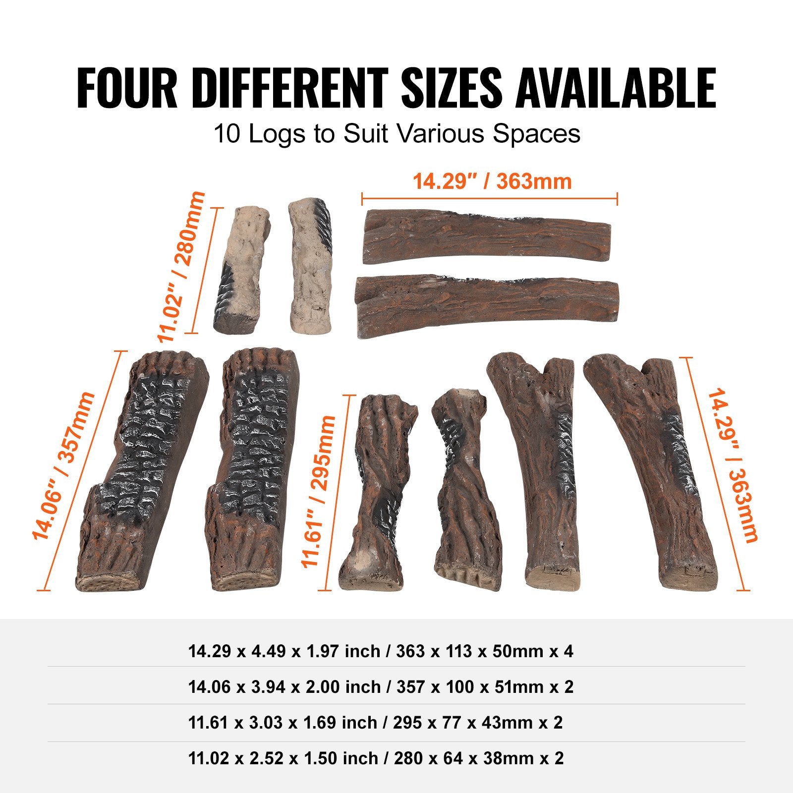 10-Piece Ceramic Gas Fireplace Logs Set, Realistic Heat-Resistant Wood Branches for Indoor/Outdoor Firebowl, Decorative & Stackable