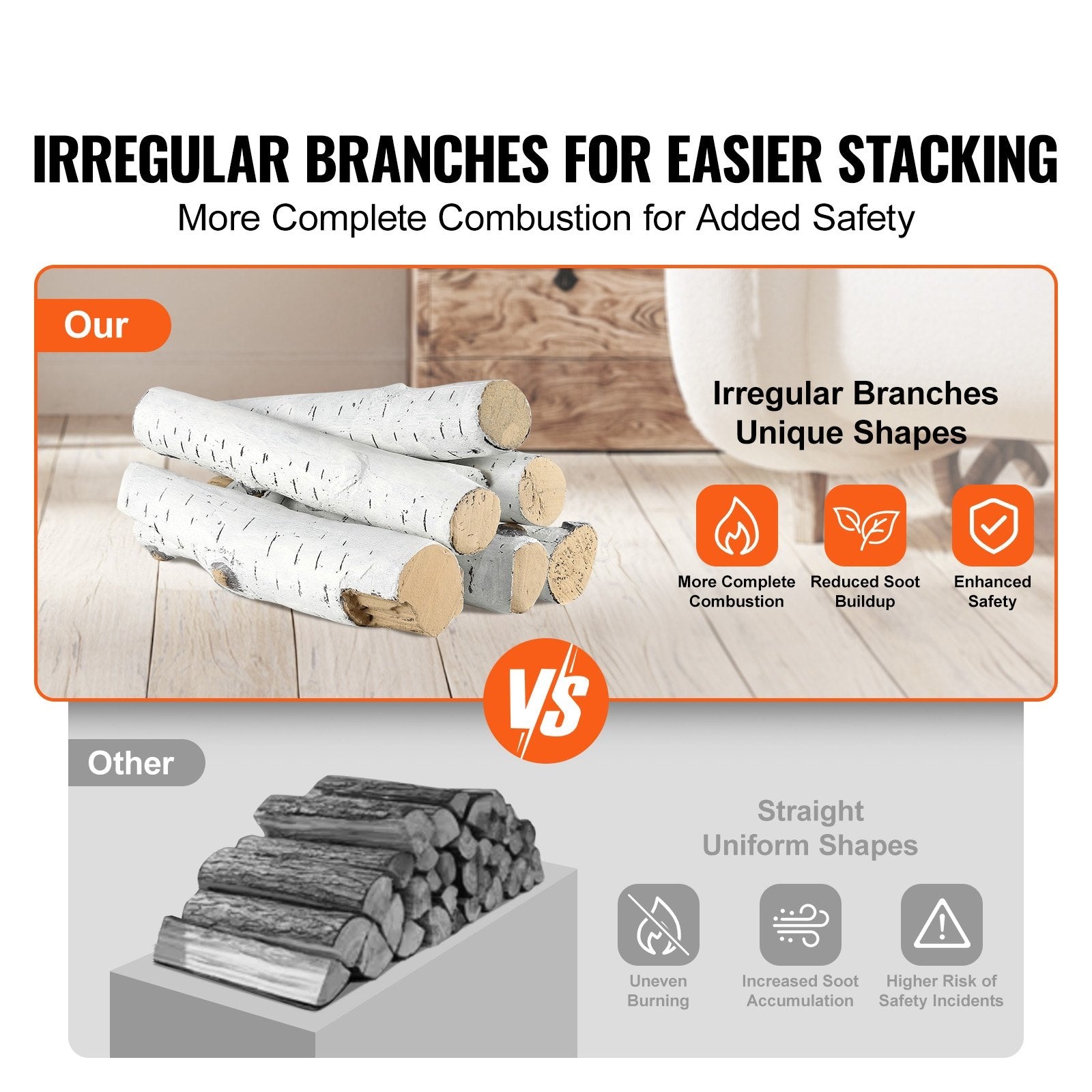 6-Piece Set of Large Ceramic Birch Logs for Gas Fireplaces, Heat-Resistant, Realistic Stackable Wood Branches for Indoor/Outdoor Firebowls