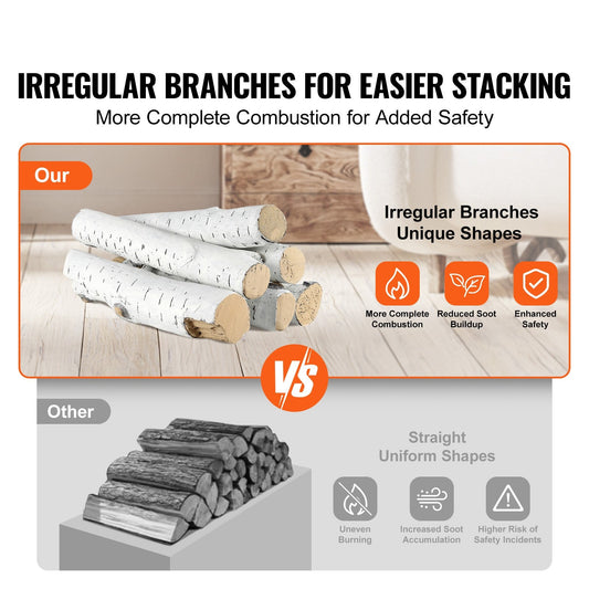 6-Piece Set of Large Ceramic Birch Logs for Gas Fireplaces, Heat-Resistant, Realistic Stackable Wood Branches for Indoor/Outdoor Firebowls