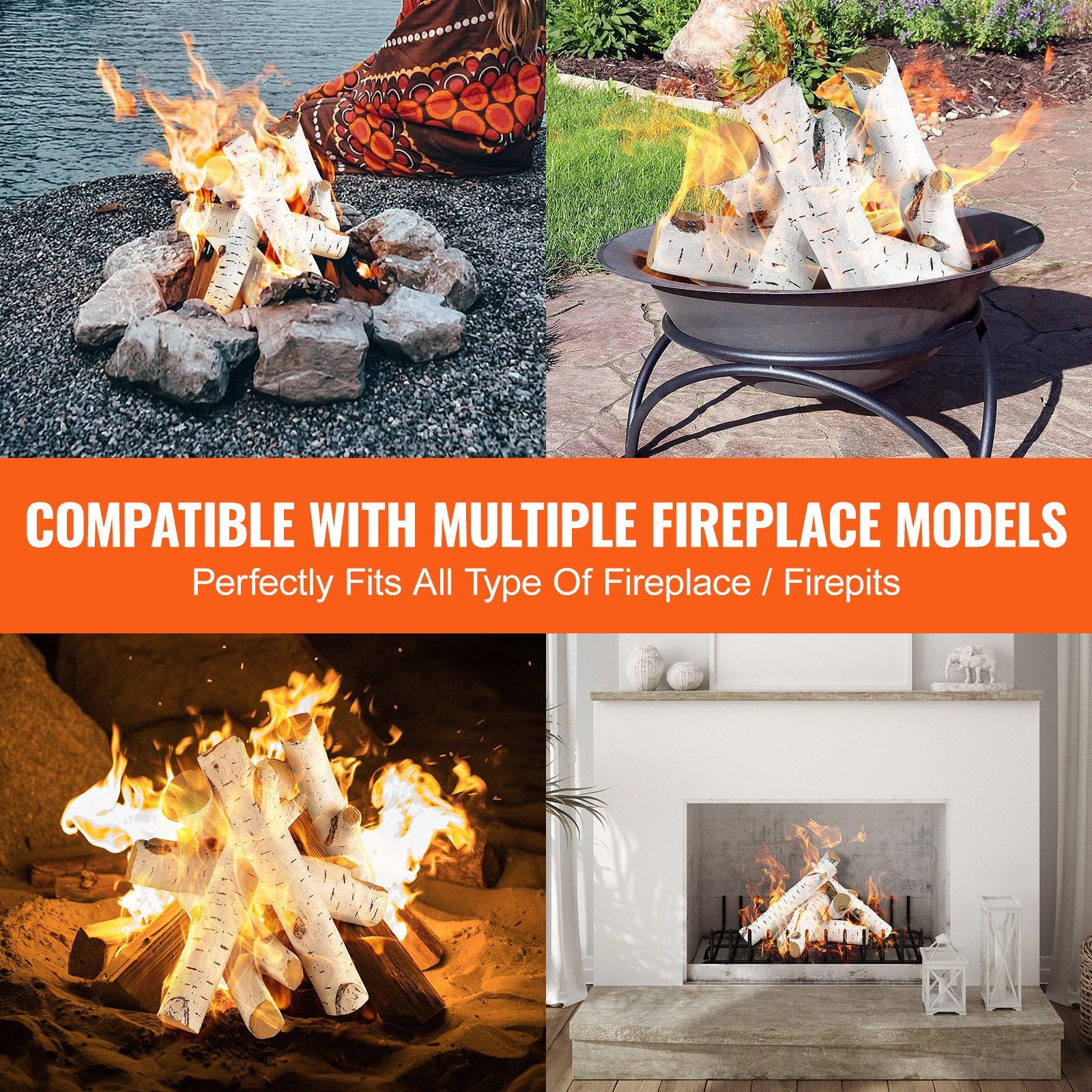 6-Piece Set of Large Ceramic Birch Logs for Gas Fireplaces, Heat-Resistant, Realistic Stackable Wood Branches for Indoor/Outdoor Firebowls