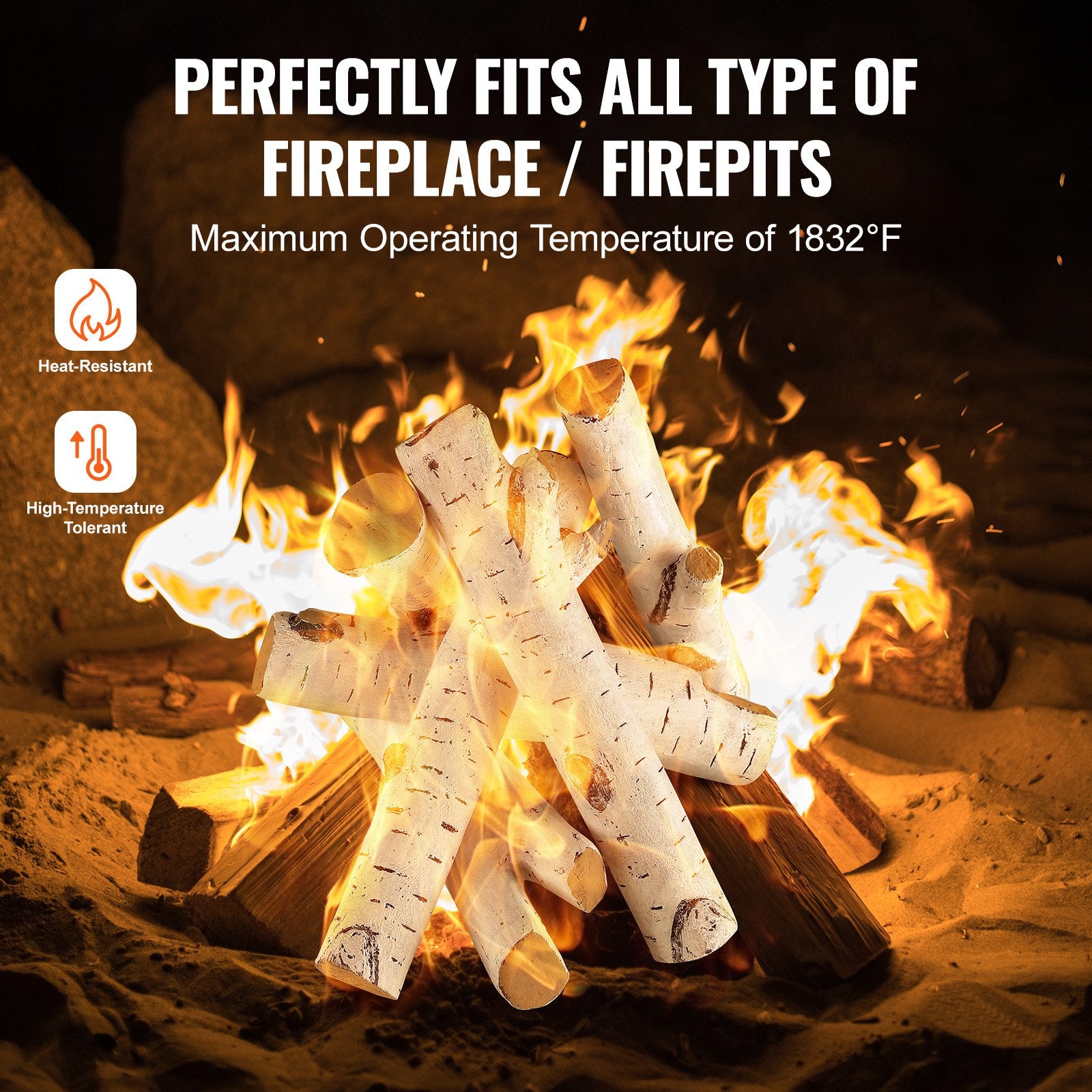 6-Piece Set of Large Ceramic Birch Logs for Gas Fireplaces, Heat-Resistant, Realistic Stackable Wood Branches for Indoor/Outdoor Firebowls