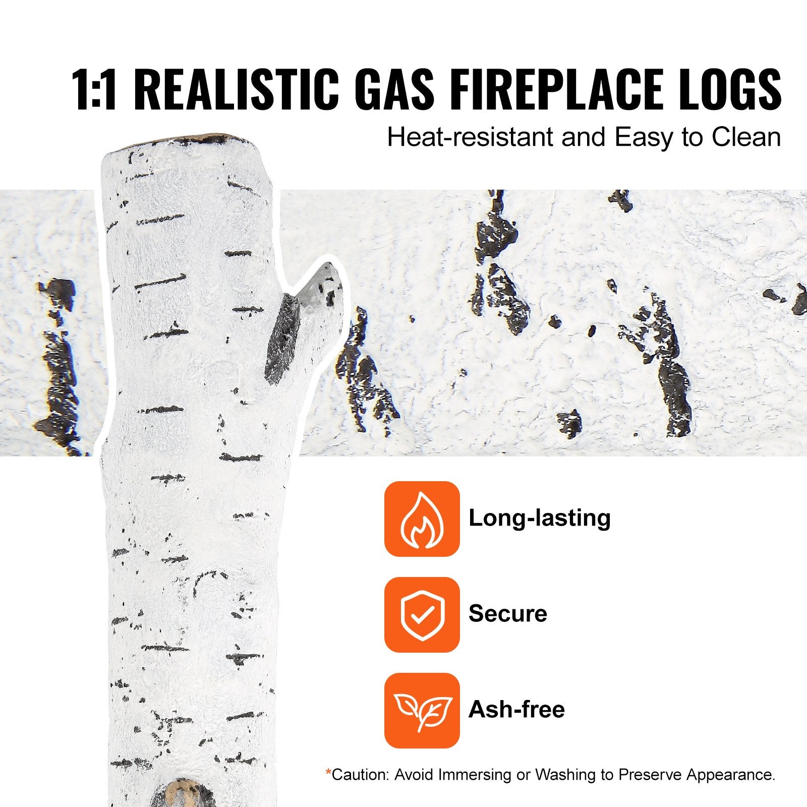 6-Piece Set of Large Ceramic Birch Logs for Gas Fireplaces, Heat-Resistant, Realistic Stackable Wood Branches for Indoor/Outdoor Firebowls