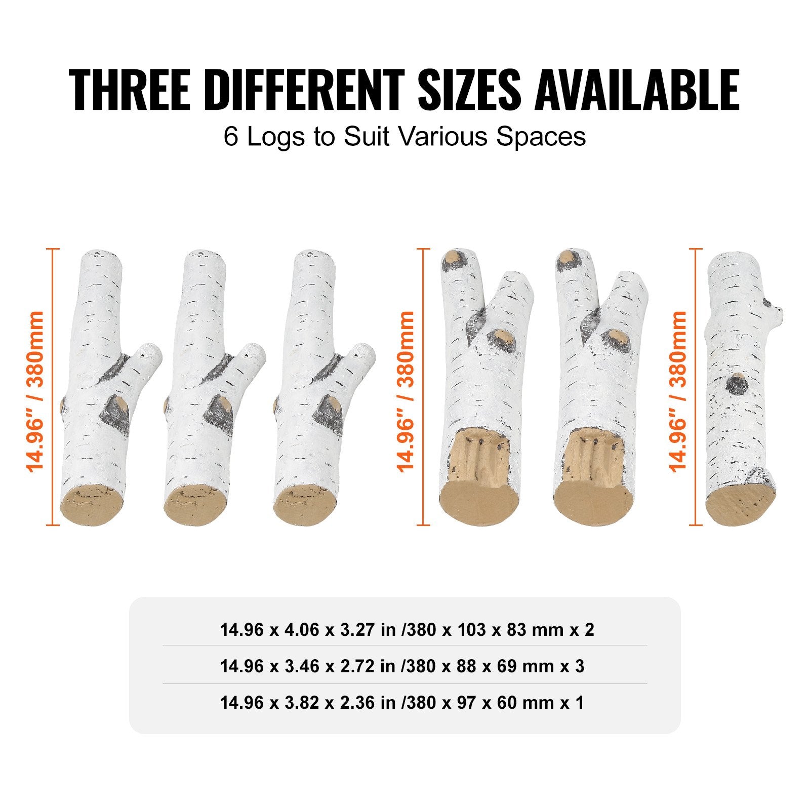 6-Piece Set of Large Ceramic Birch Logs for Gas Fireplaces, Heat-Resistant, Realistic Stackable Wood Branches for Indoor/Outdoor Firebowls