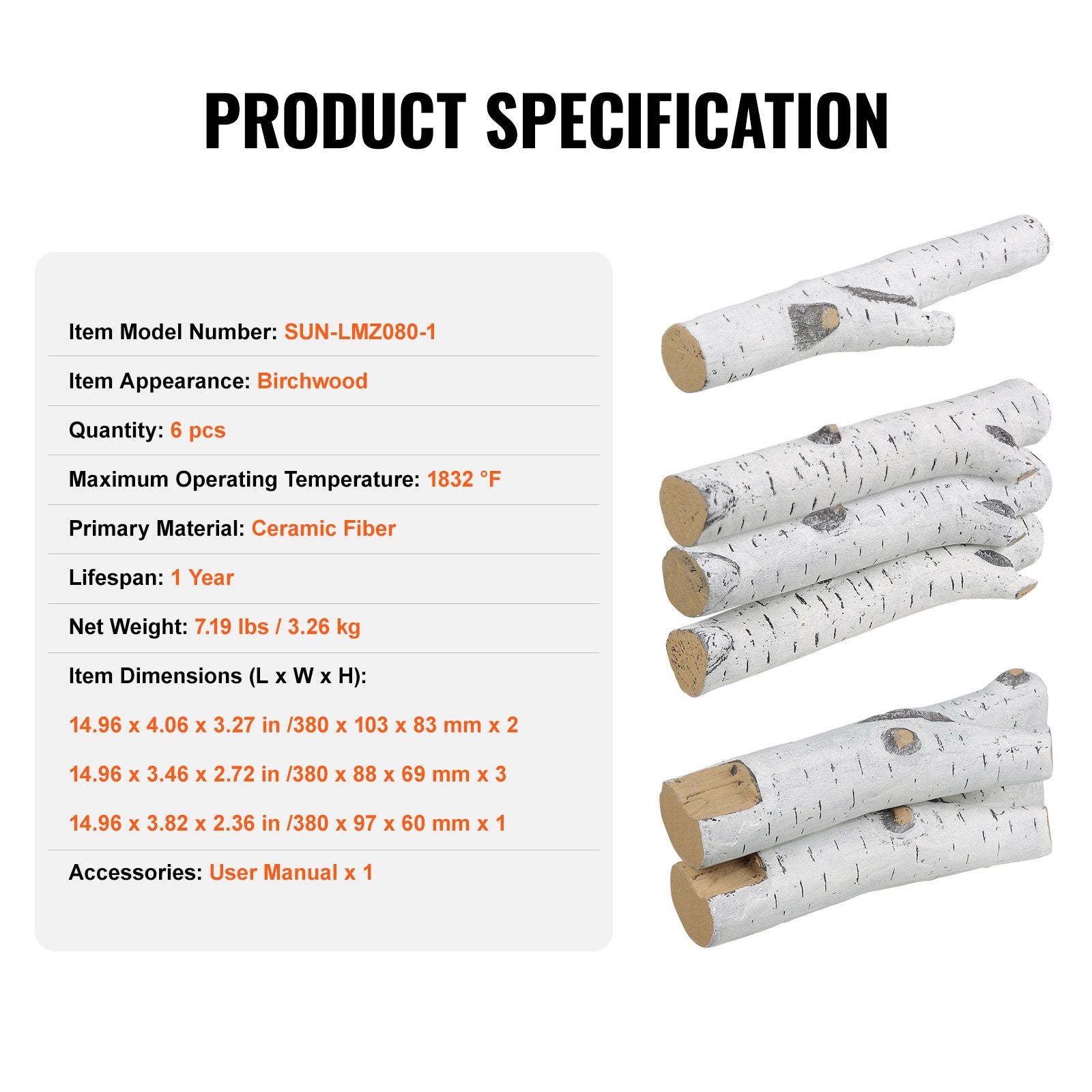 6-Piece Set of Large Ceramic Birch Logs for Gas Fireplaces, Heat-Resistant, Realistic Stackable Wood Branches for Indoor/Outdoor Firebowls
