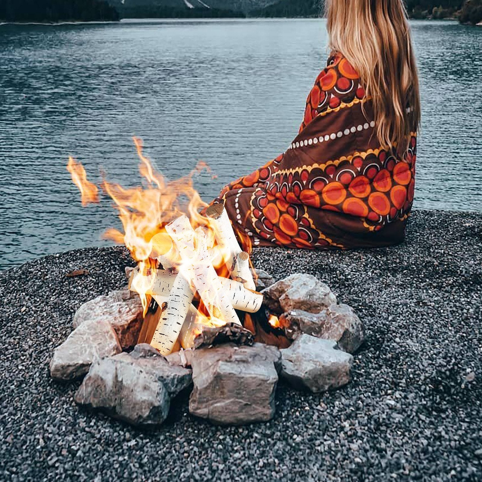 6-Piece Set of Large Ceramic Birch Logs for Gas Fireplaces, Heat-Resistant, Realistic Stackable Wood Branches for Indoor/Outdoor Firebowls