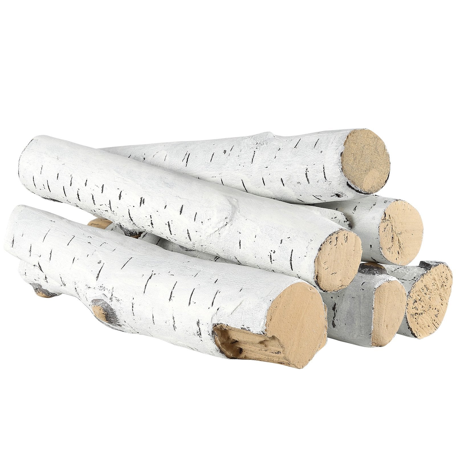 6-Piece Set of Large Ceramic Birch Logs for Gas Fireplaces, Heat-Resistant, Realistic Stackable Wood Branches for Indoor/Outdoor Firebowls