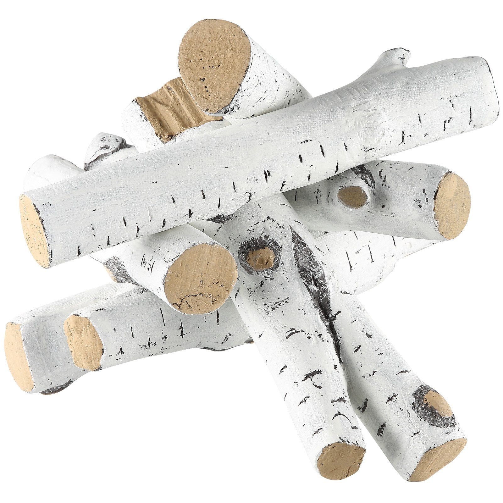 6-Piece Set of Large Ceramic Birch Logs for Gas Fireplaces, Heat-Resistant, Realistic Stackable Wood Branches for Indoor/Outdoor Firebowls