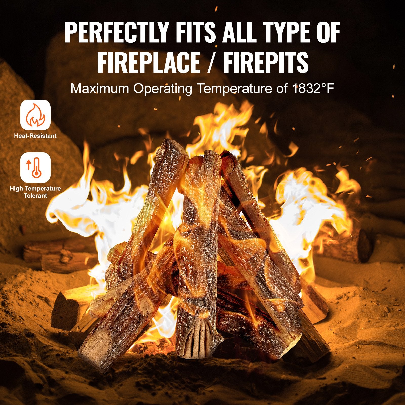 8-Piece Heat-Resistant Ceramic Oak Logs for Gas Fireplaces, Realistic and Stackable Wood Branches for Indoor/Outdoor Firebowls