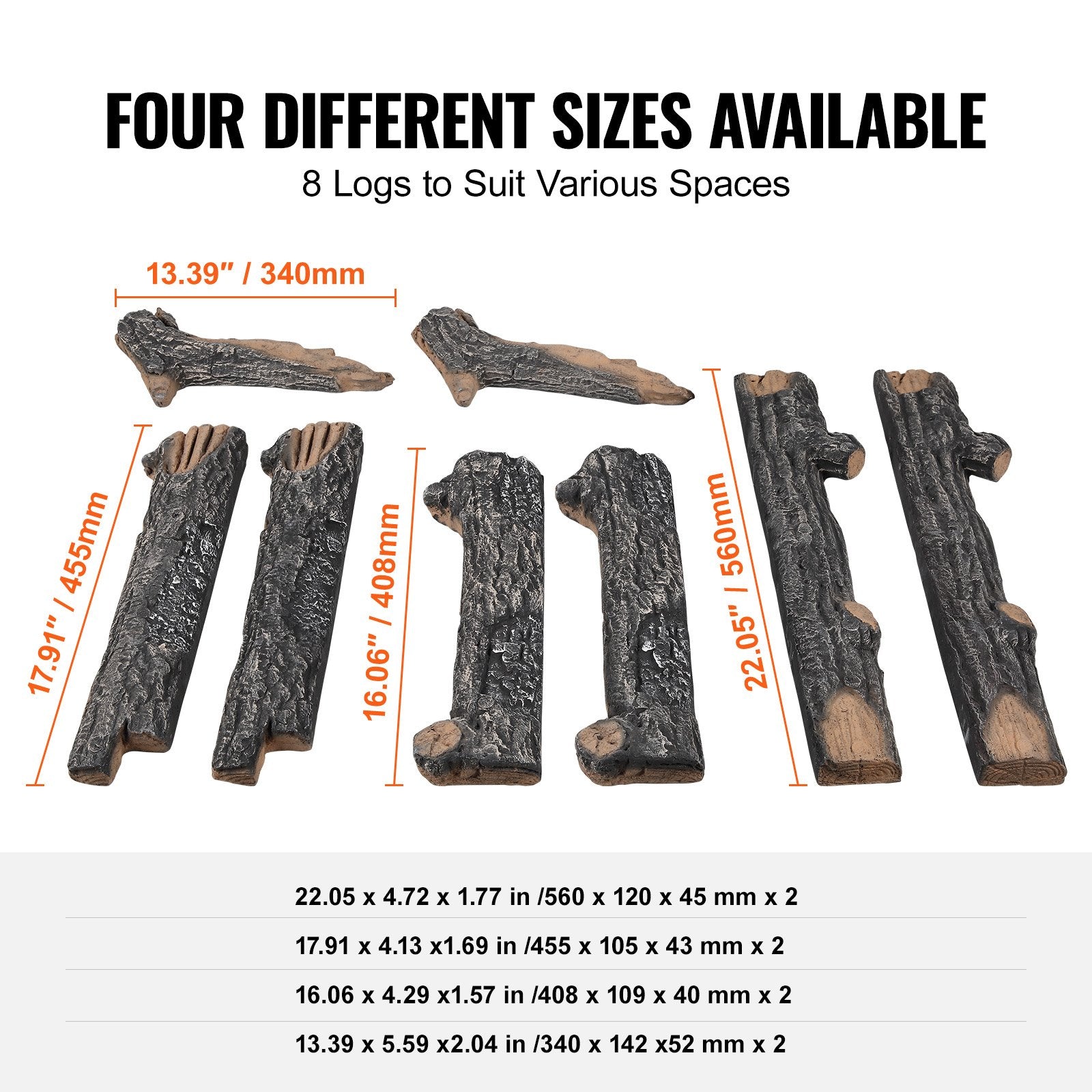 8-Piece Heat-Resistant Ceramic Oak Logs for Gas Fireplaces, Realistic and Stackable Wood Branches for Indoor/Outdoor Firebowls
