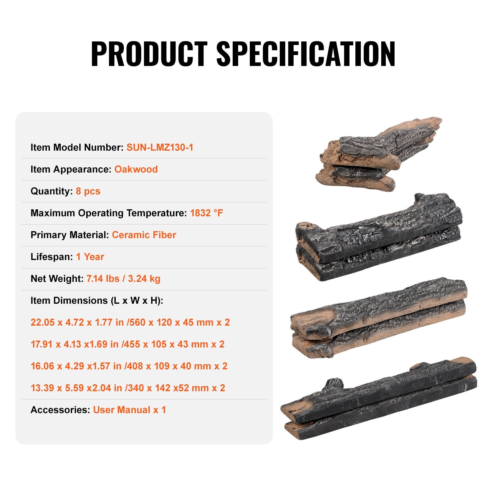8-Piece Heat-Resistant Ceramic Oak Logs for Gas Fireplaces, Realistic and Stackable Wood Branches for Indoor/Outdoor Firebowls