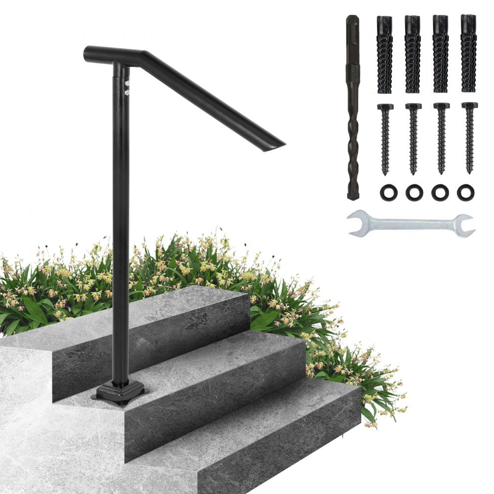Durable Black Steel Handrail for 1-3 Steps with Expansion Bolts and Drill Bit, 330LBS Capacity, Outdoor Stylish Stair Railing with Baking Varnish Finish