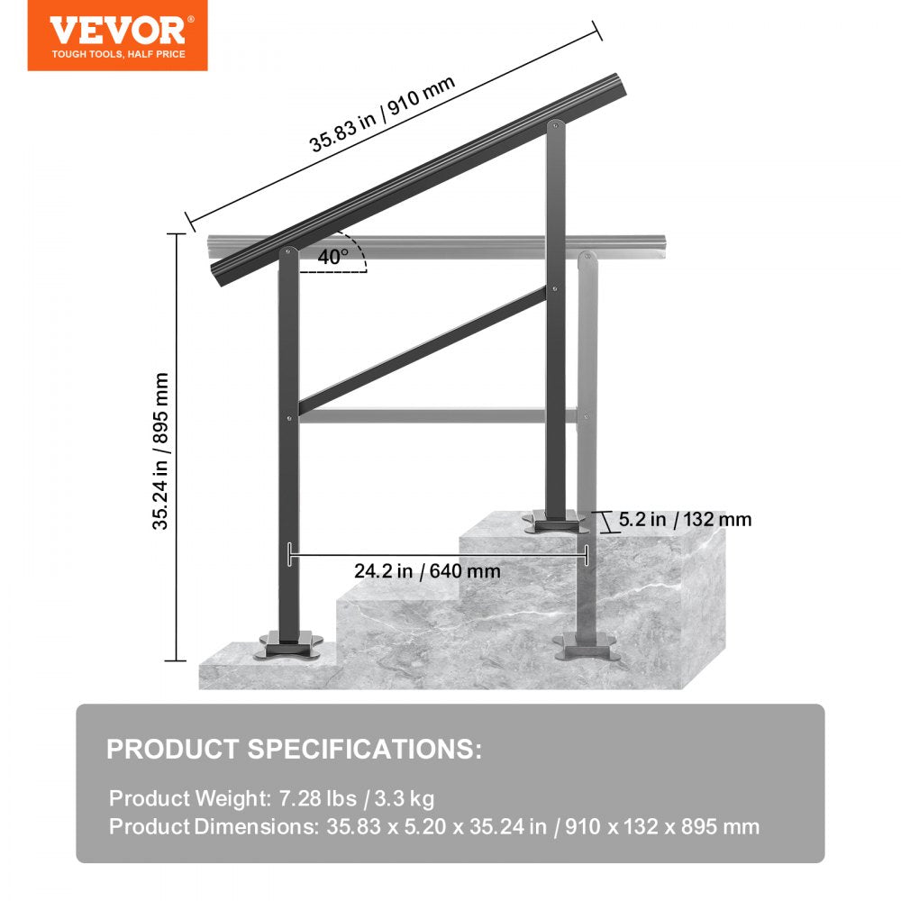 Adjustable Aluminum Handrail for Outdoor Stairs - Fits 2-3 Steps, Supports 165LBS, 36 x 35" Railing with Screw Kit, Suitable for 0 to 50° Angles