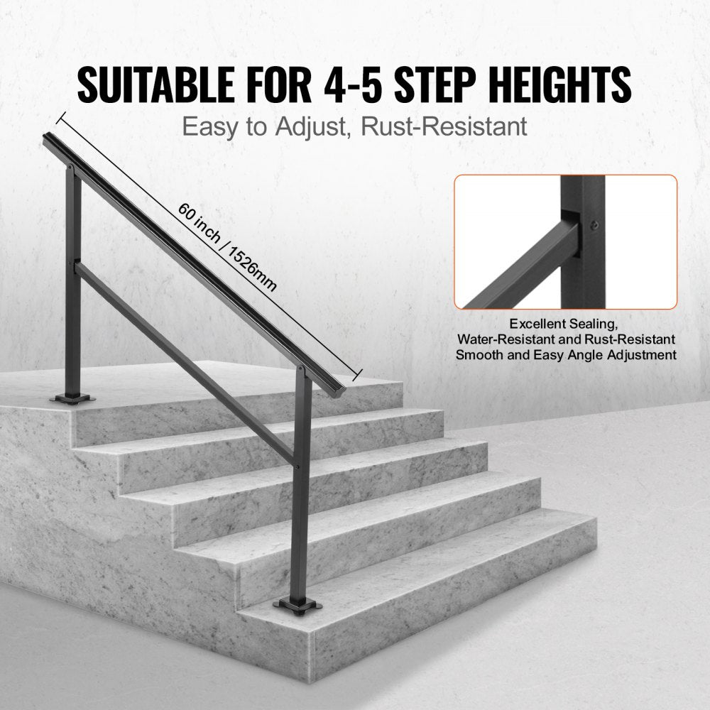 VEVOR Outdoor Handrail 165LBS Load Handrail Outdoor Stairs Aluminum Stair Handrail 60 x 35" Outdoor Stair Railing Transitional Range from 0 to 50° Staircase Handrail Fits 4-5 Steps with Screw Kit