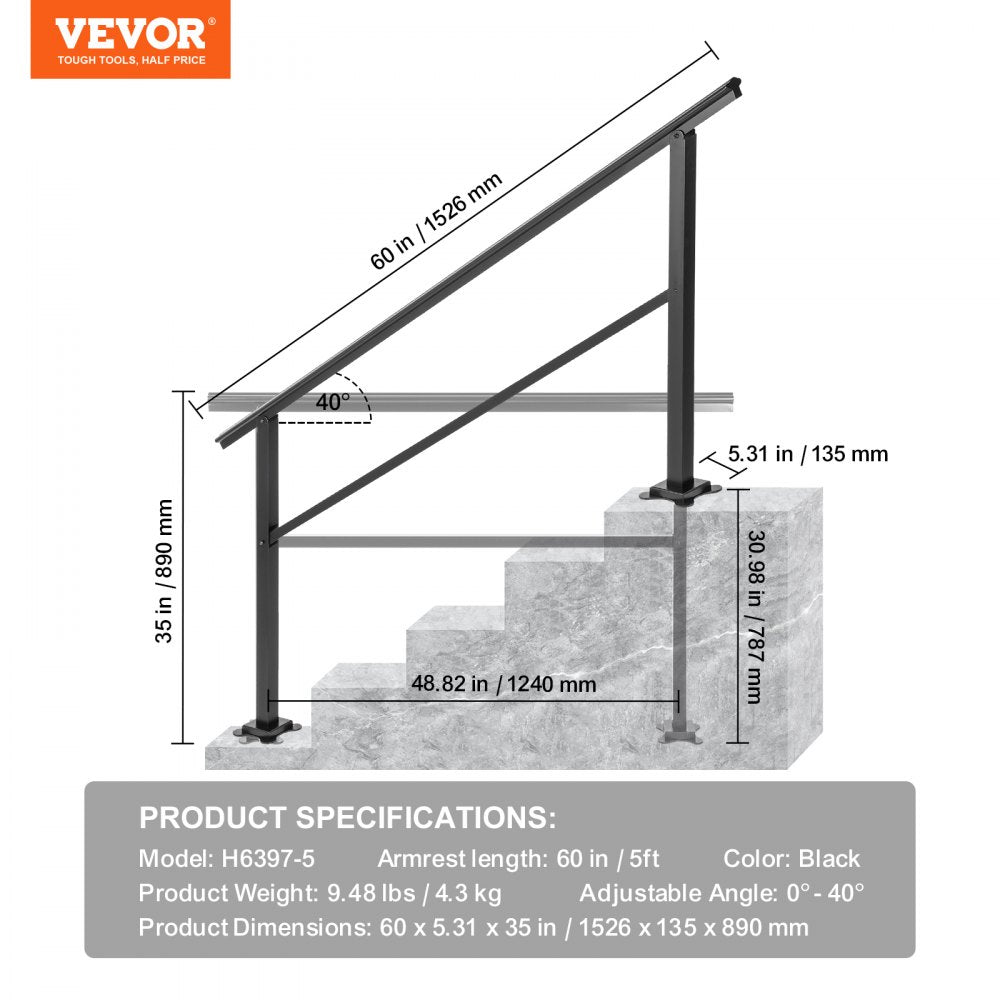 VEVOR Outdoor Handrail 165LBS Load Handrail Outdoor Stairs Aluminum Stair Handrail 60 x 35" Outdoor Stair Railing Transitional Range from 0 to 50° Staircase Handrail Fits 4-5 Steps with Screw Kit