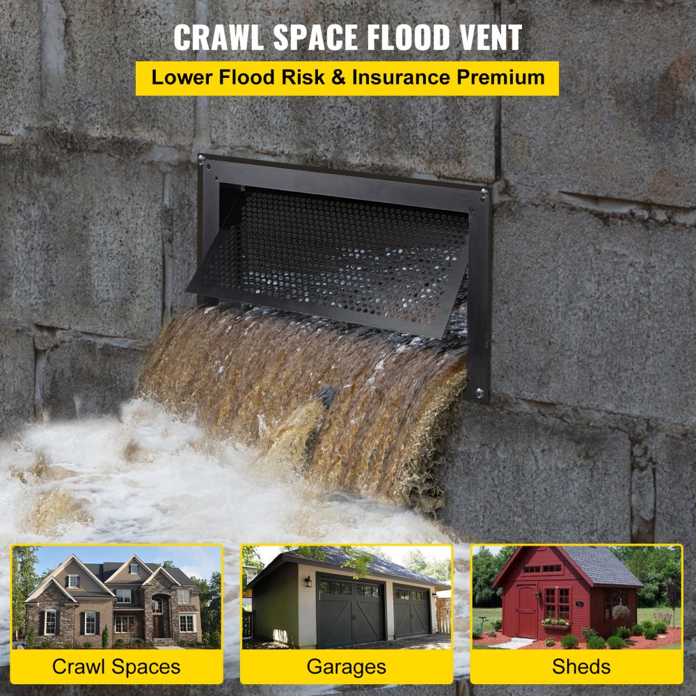 VEVOR Flood Vent, 8" x 16" x 2" Depth Foundation Flood Vent, to Reduce Foundation Damage and Flood Risk, Black, Wall Mounted, for Crawl Spaces,Garages & Full Height Enclosures