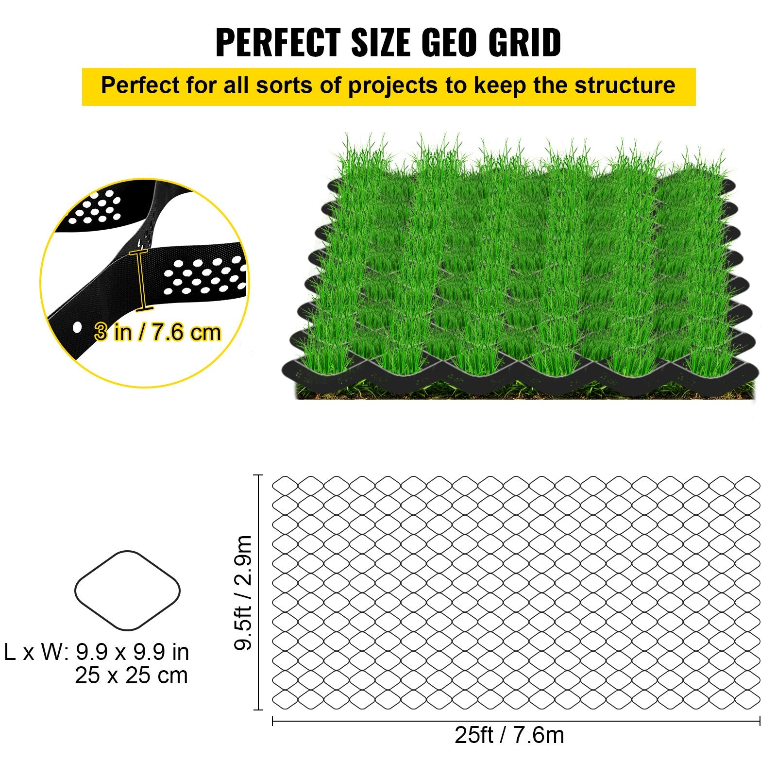 Heavy-Duty Ground Grid Geo System, 1885 lbs/Sq Ft Load, 3" Depth for DIY Patios, Walkways, Driveways, Parking, Grass, Gravel Stabilization