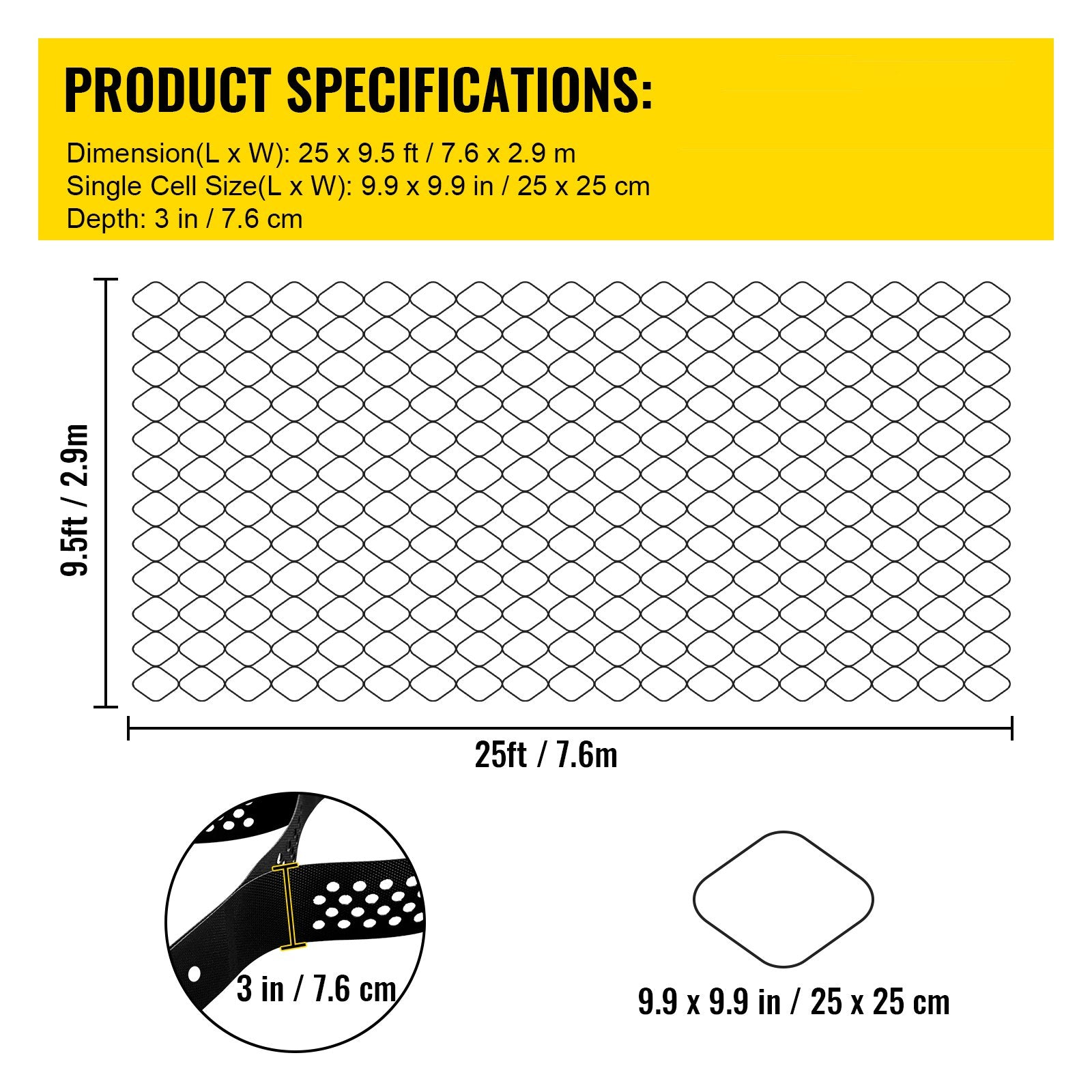 Heavy-Duty Ground Grid Geo System, 1885 lbs/Sq Ft Load, 3" Depth for DIY Patios, Walkways, Driveways, Parking, Grass, Gravel Stabilization