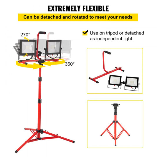 VEVOR LED Work Light with Stand, 2PCS 10000 Lumen Dual-head LED Work Light with 27.6"-68.1" Adjustable and Foldable Tripod Stand, IP65 Waterproofed LED Tripod Work Light, with 5000 K Color Temperature
