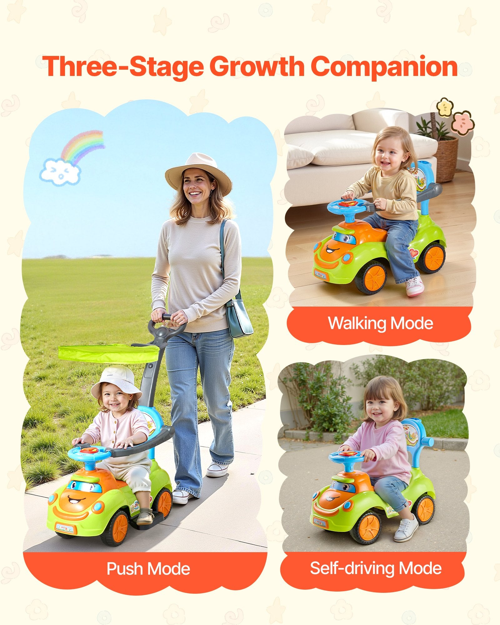 Title: Toddler Ride-On Push Car with Safety Guardrails, Easy Storage, Foot-to-Floor Design for Boys & Girls, 55 lbs Capacity, Ages 19-36 Months, Green