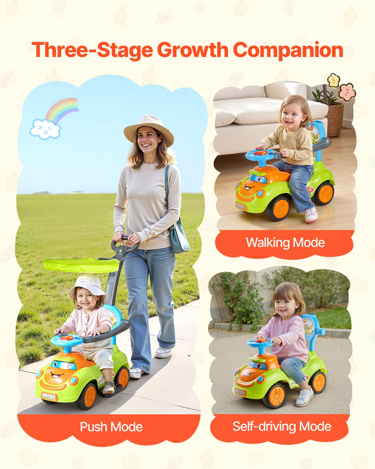 Title: Toddler Ride-On Push Car with Safety Guardrails, Easy Storage, Foot-to-Floor Design for Boys & Girls, 55 lbs Capacity, Ages 19-36 Months, Green