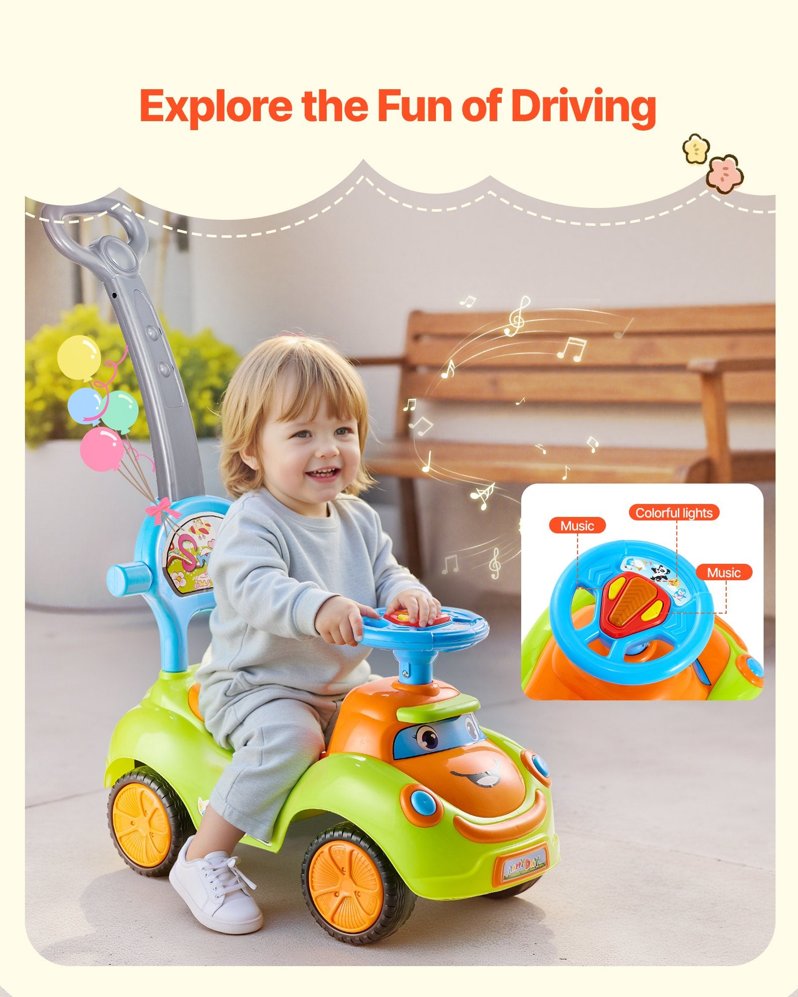 Title: Toddler Ride-On Push Car with Safety Guardrails, Easy Storage, Foot-to-Floor Design for Boys & Girls, 55 lbs Capacity, Ages 19-36 Months, Green