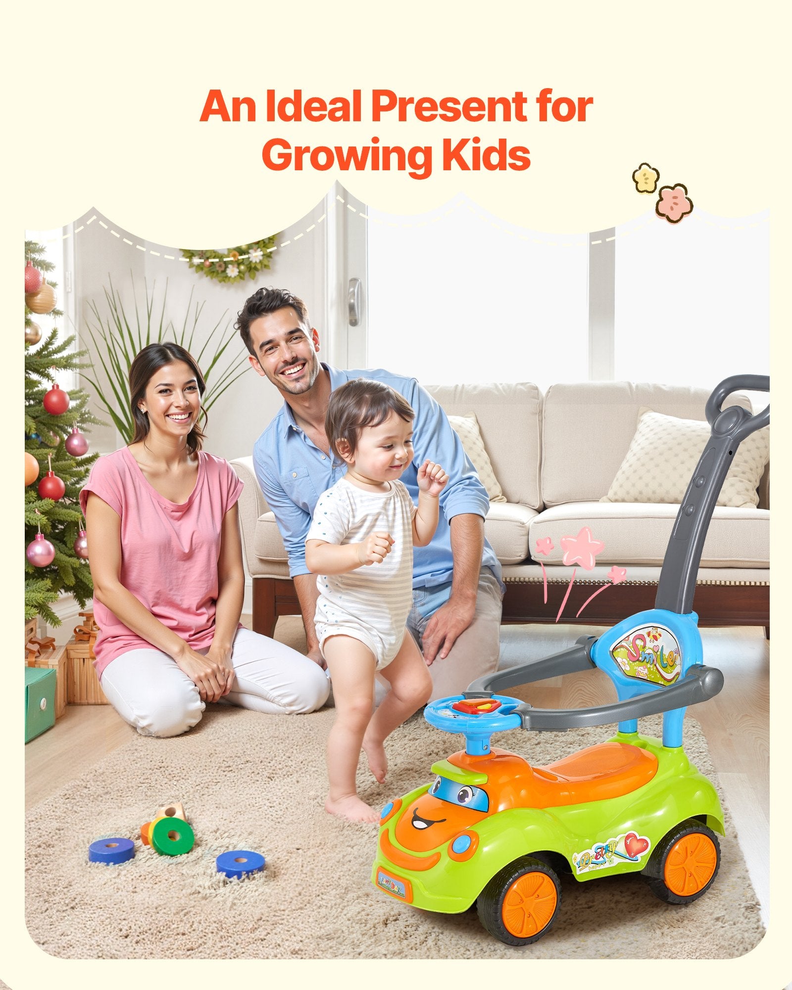 Title: Toddler Ride-On Push Car with Safety Guardrails, Easy Storage, Foot-to-Floor Design for Boys & Girls, 55 lbs Capacity, Ages 19-36 Months, Green