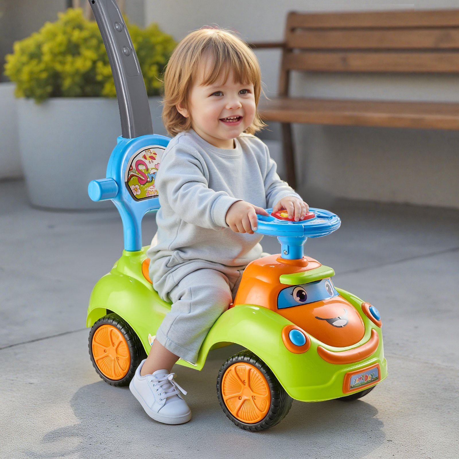 Title: Toddler Ride-On Push Car with Safety Guardrails, Easy Storage, Foot-to-Floor Design for Boys & Girls, 55 lbs Capacity, Ages 19-36 Months, Green