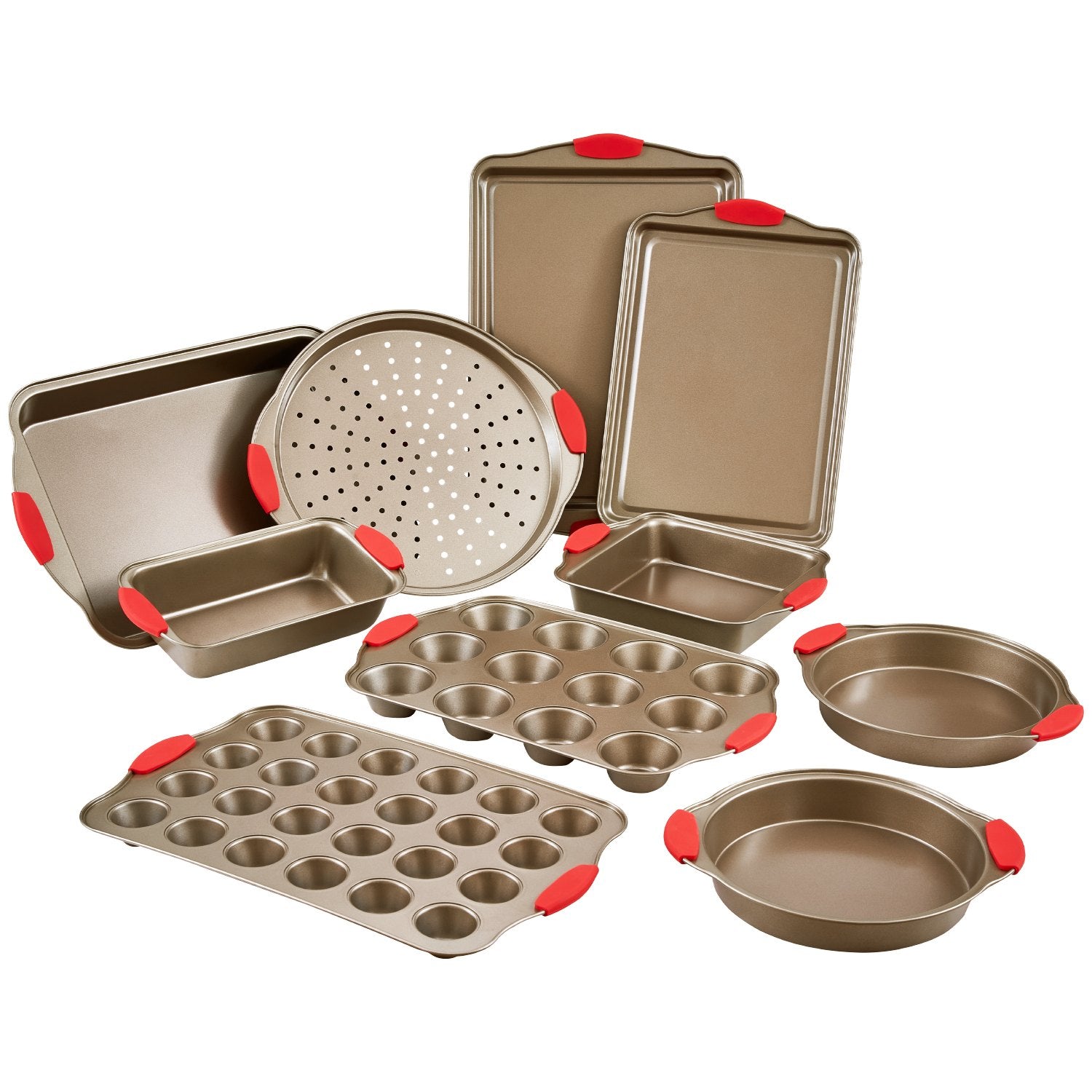 10-Piece Nonstick Carbon Steel Bakeware Set with Silicone Handles - Oven-Safe, Stackable Pans for Cookies, Cakes, Muffins, Bread, and More