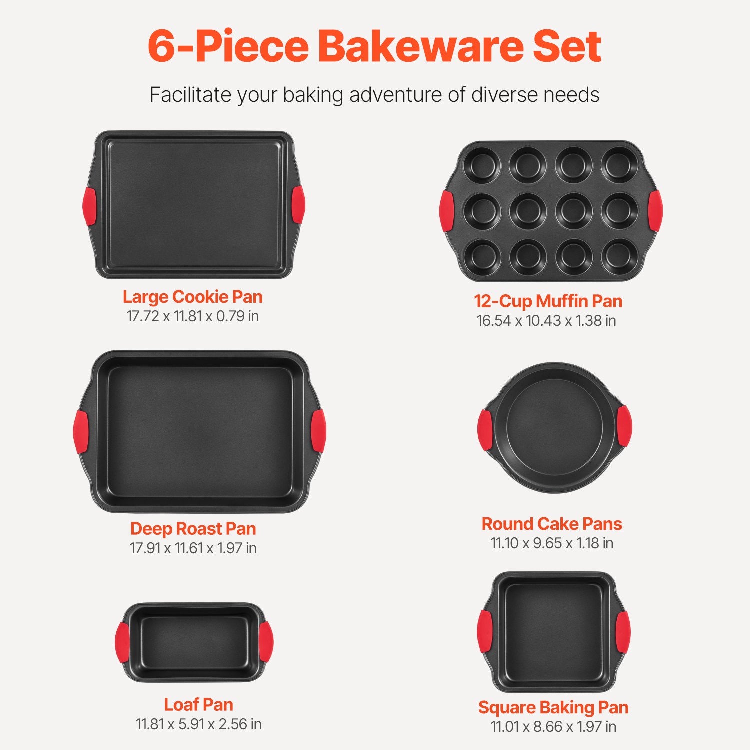 6-Piece Nonstick Carbon Steel Baking Pans Set with Stackable Trays and Silicone Handles for Cookies, Muffins, Cakes, and Bread