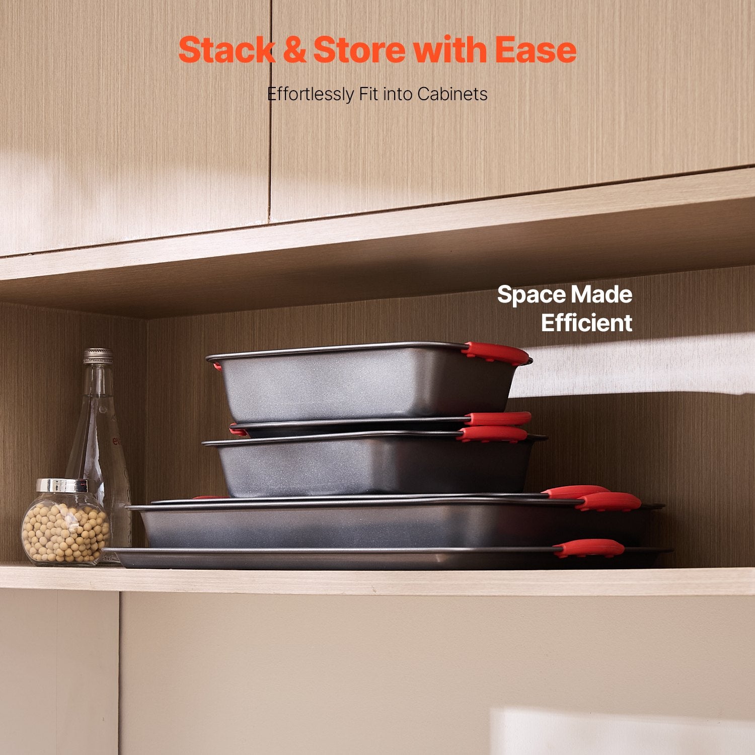 6-Piece Nonstick Carbon Steel Baking Pans Set with Stackable Trays and Silicone Handles for Cookies, Muffins, Cakes, and Bread